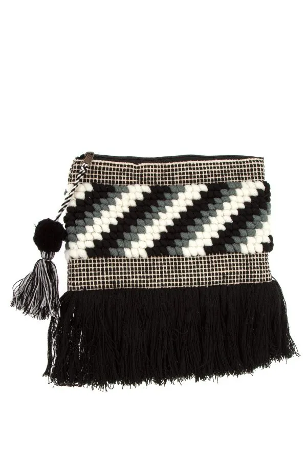 Diagonal pattern fringe bottom clutch bag