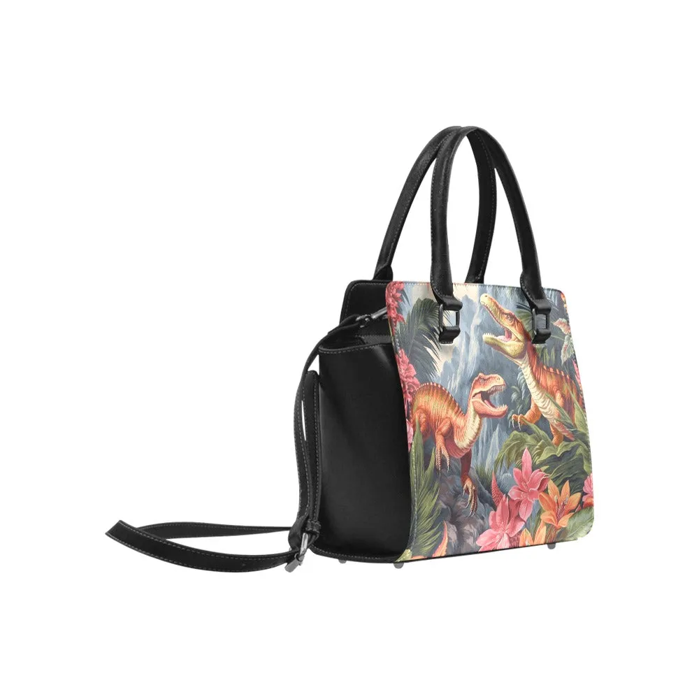 Dinosaur Purse Handbag, Dino Floral Animal High Grade Vegan Leather Designer Women Satchel Top Zip Handle Bag Shoulder Strap Ladies