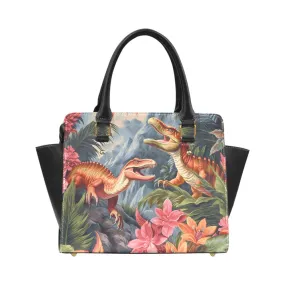 Dinosaur Purse Handbag, Dino Floral Animal High Grade Vegan Leather Designer Women Satchel Top Zip Handle Bag Shoulder Strap Ladies