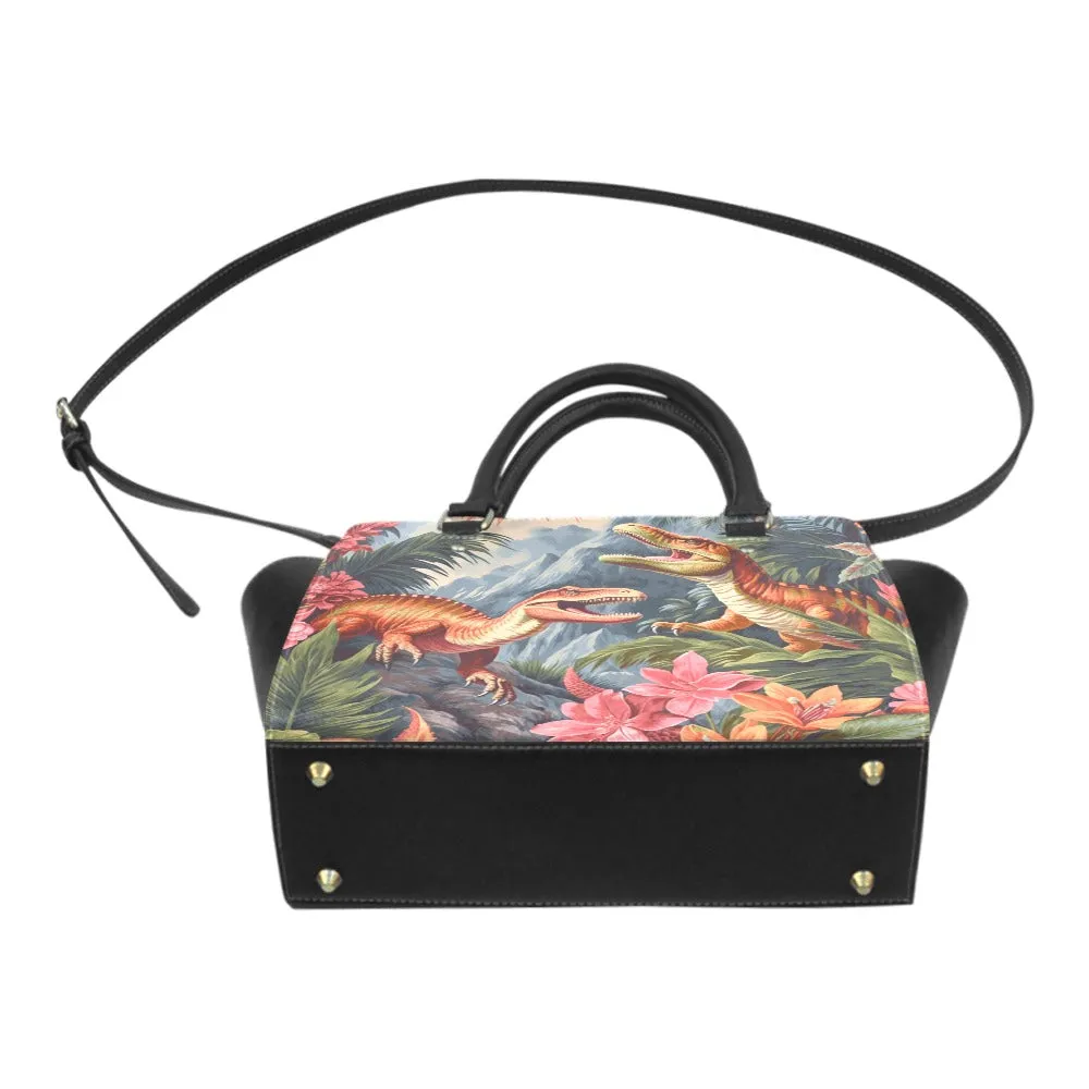 Dinosaur Purse Handbag, Dino Floral Animal High Grade Vegan Leather Designer Women Satchel Top Zip Handle Bag Shoulder Strap Ladies