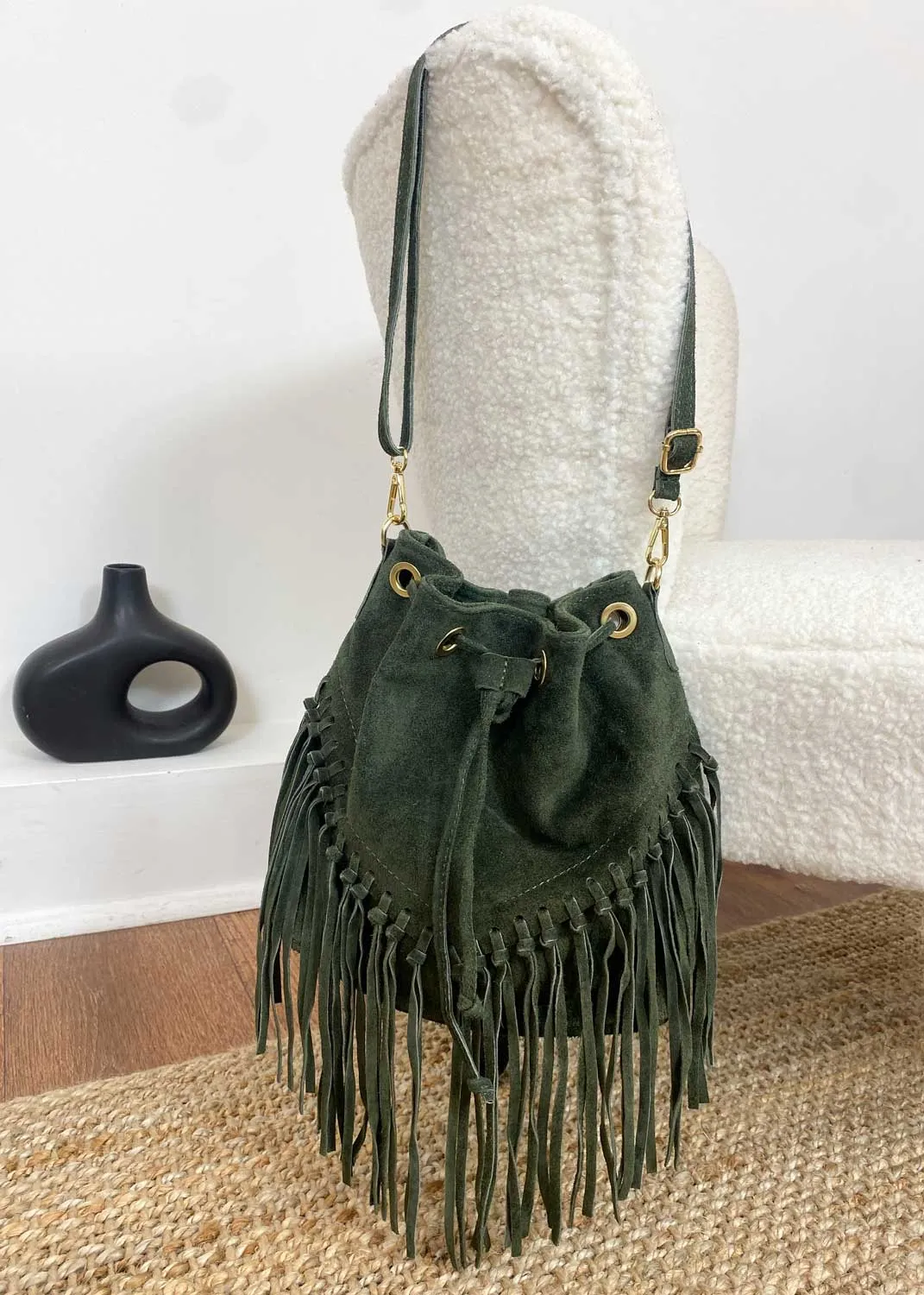 Dutton Suede Fringe Bucket Bag in Khaki