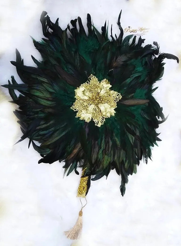 Emerald Green Dark Green Round Shaped Ostrich Feather Traditional African Wedding Hand Fan Nigerian Bridal Handfan