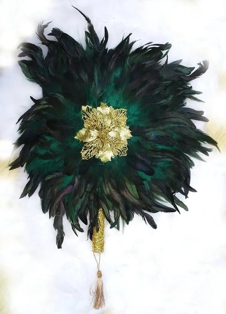 Emerald Green Dark Green Round Shaped Ostrich Feather Traditional African Wedding Hand Fan Nigerian Bridal Handfan