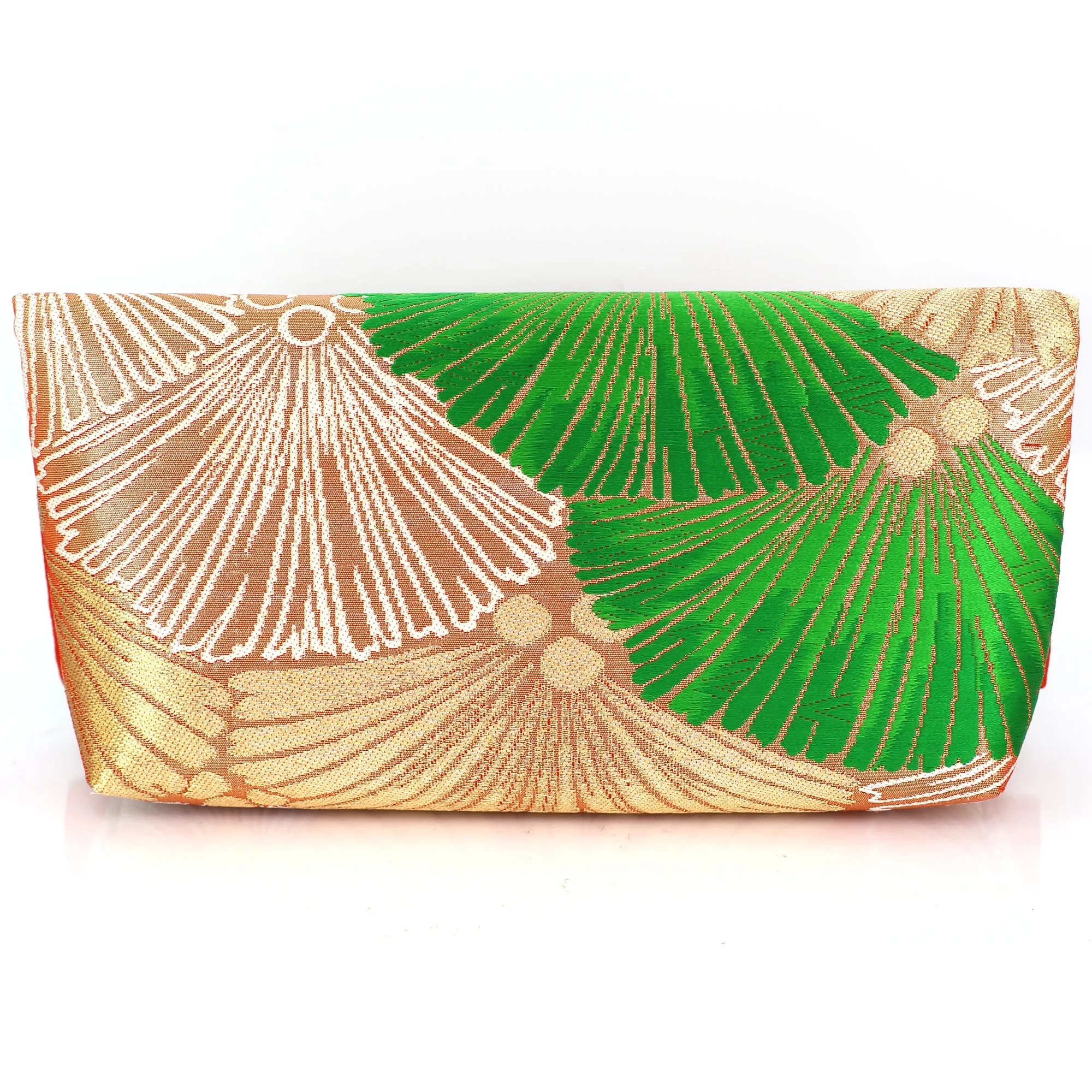 Envelope Clutch Bag with Pine in Green on Silver | Upcycled Kimono Obi Silk