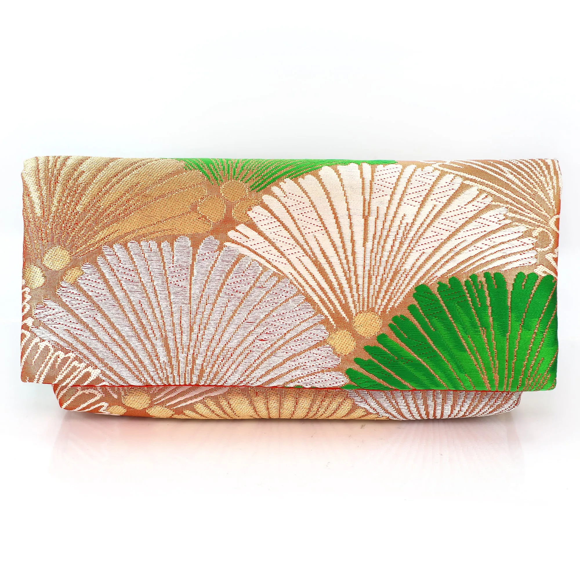 Envelope Clutch Bag with Pine in Green on Silver | Upcycled Kimono Obi Silk