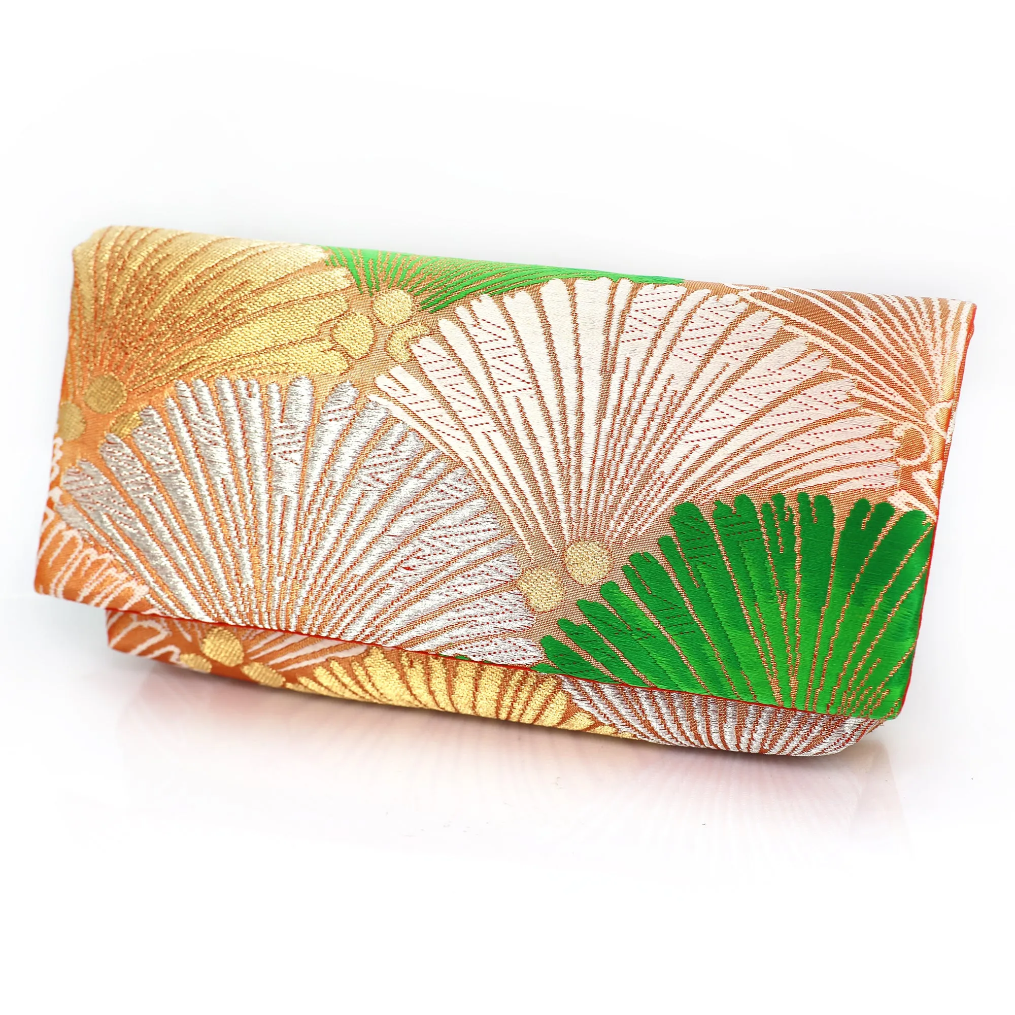 Envelope Clutch Bag with Pine in Green on Silver | Upcycled Kimono Obi Silk