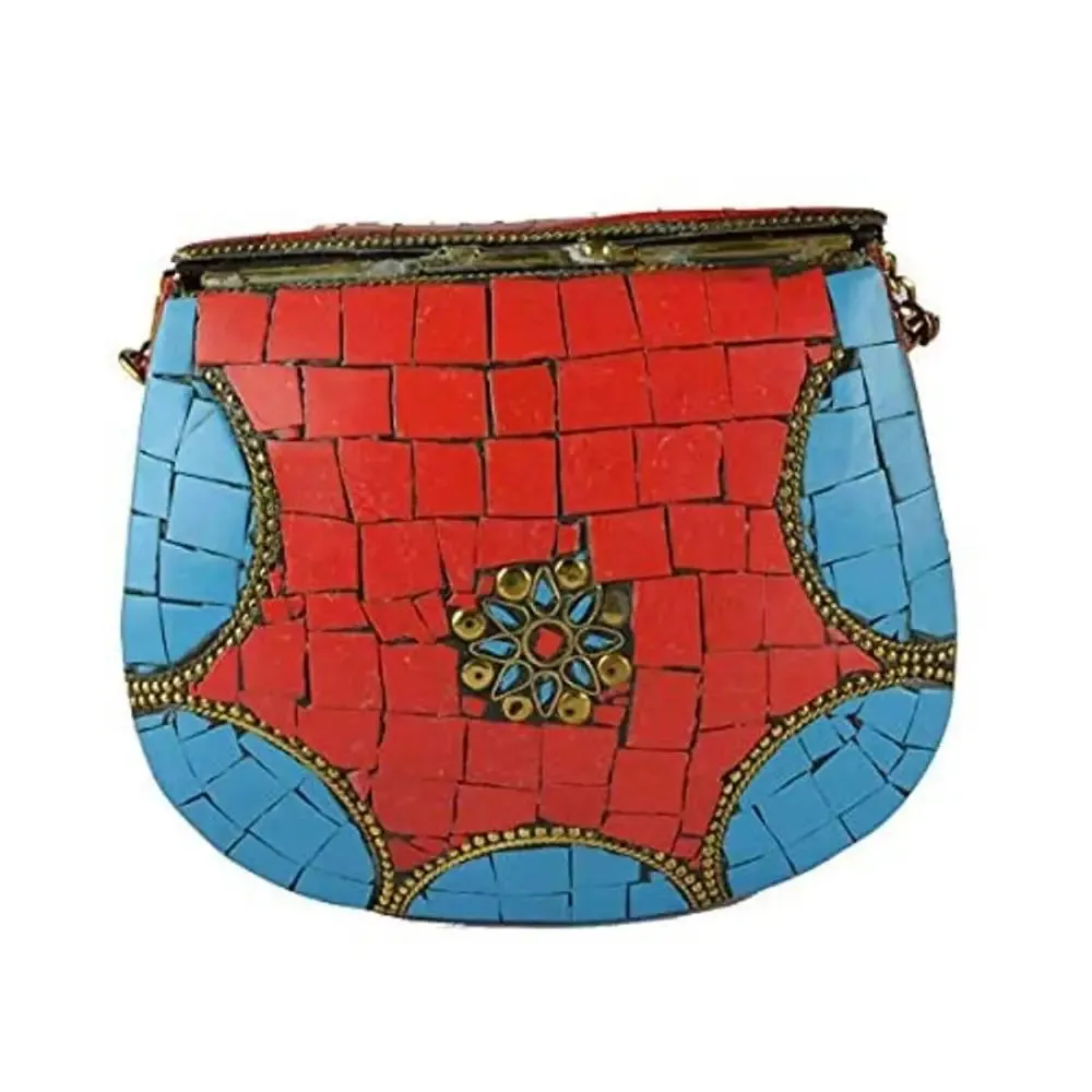 Eshopitude Gift Item Chipped Stone Metal Clutch Red & Blue Onyx Gemstone (RED & BLUE)