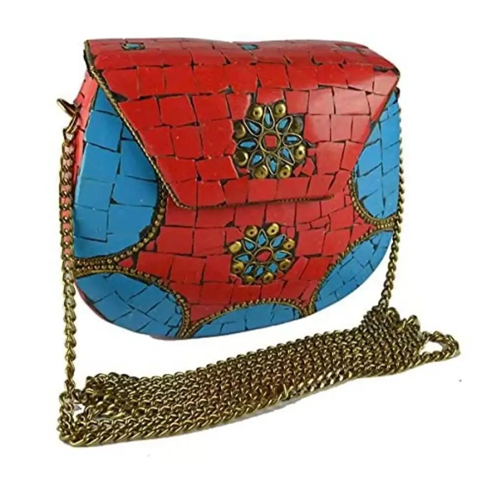 Eshopitude Gift Item Chipped Stone Metal Clutch Red & Blue Onyx Gemstone (RED & BLUE)