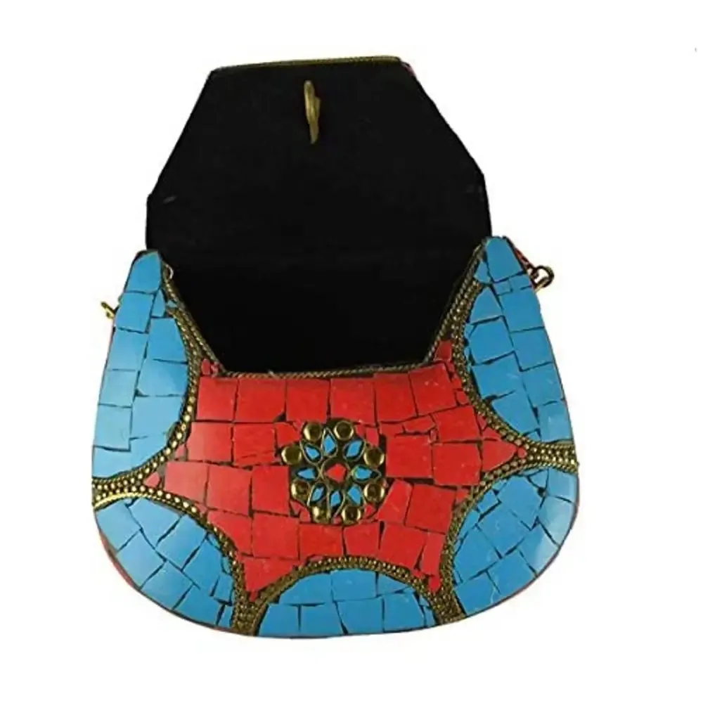 Eshopitude Gift Item Chipped Stone Metal Clutch Red & Blue Onyx Gemstone (RED & BLUE)