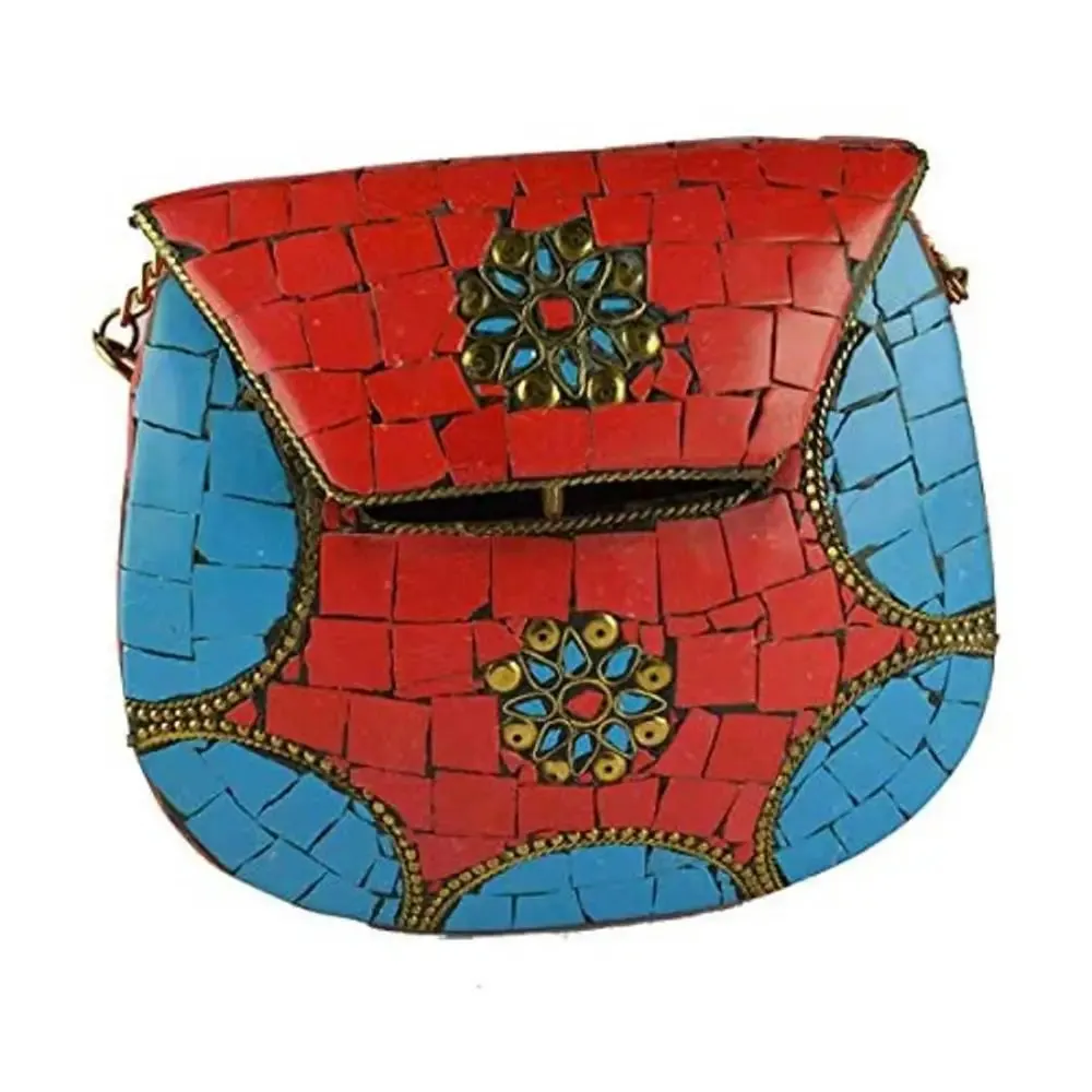 Eshopitude Gift Item Chipped Stone Metal Clutch Red & Blue Onyx Gemstone (RED & BLUE)