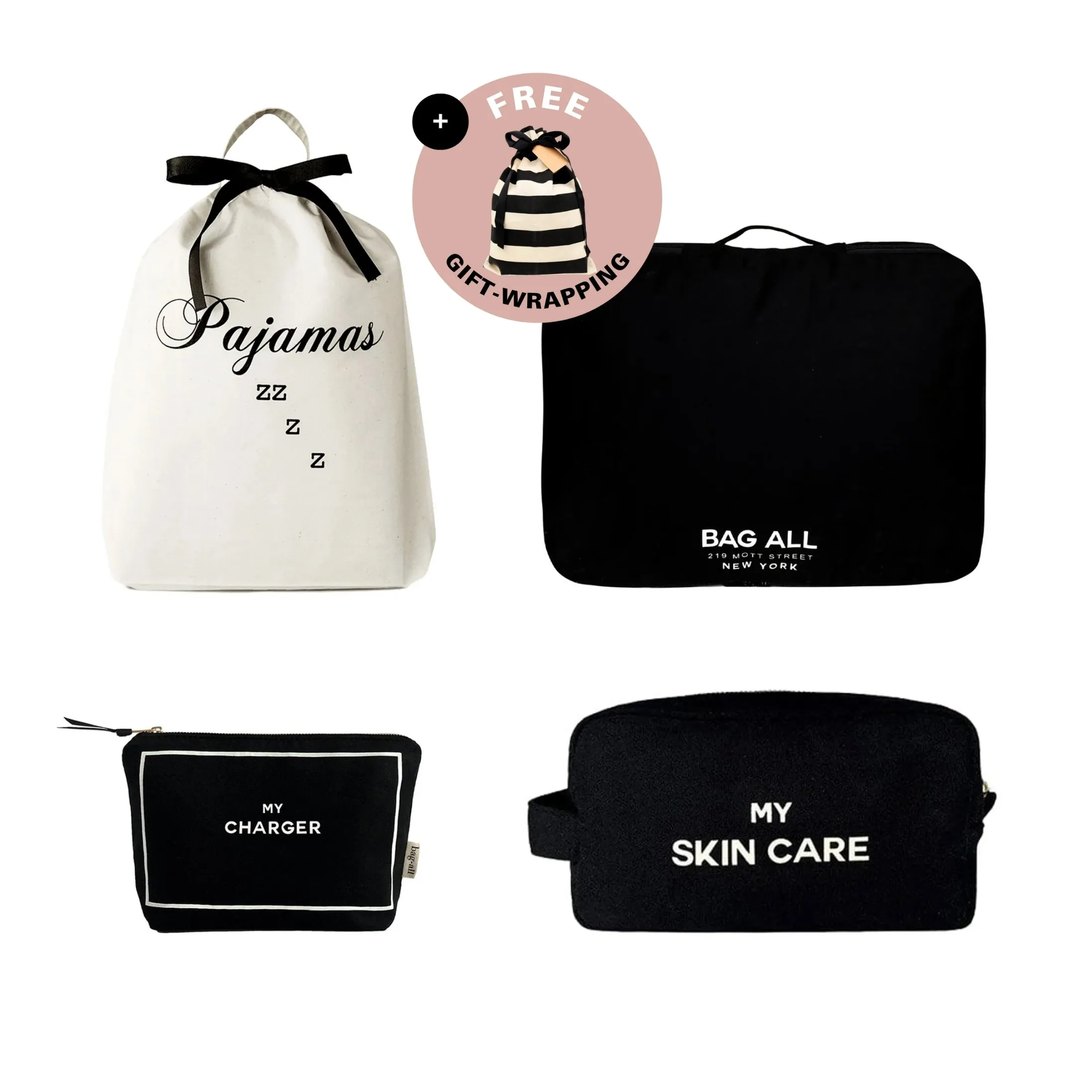 Essentials Getaway 4-Pack: Sleep, Skin, Tech & Pack, Black