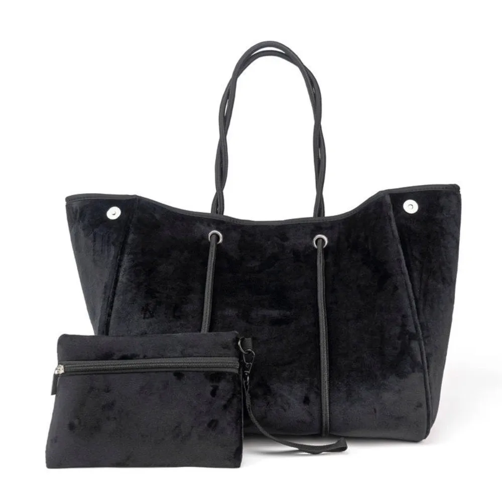 Expandable Neoprene Black Velvet Tote & Wristlet Set