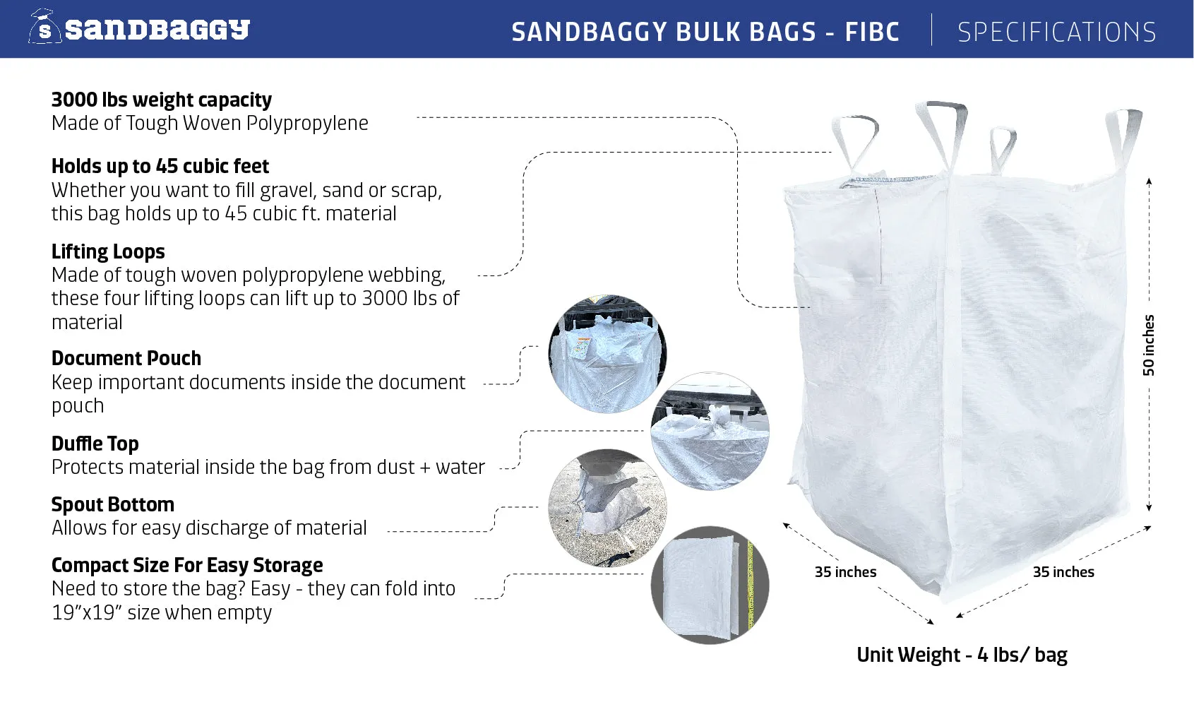 FIBC Bulk Bags - 3000 lb Capacity - 45 Cu Ft - 35" x 35" x 50"