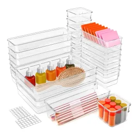 Fresh Fab Finds 25Pcs Clear Plastic Drawer Organizers Set 4 Sizes Desk Drawer Dividers Trays Storage Bins for Vanity Cabinet Makeup Bathroom Office Kitchen Bedroom Je