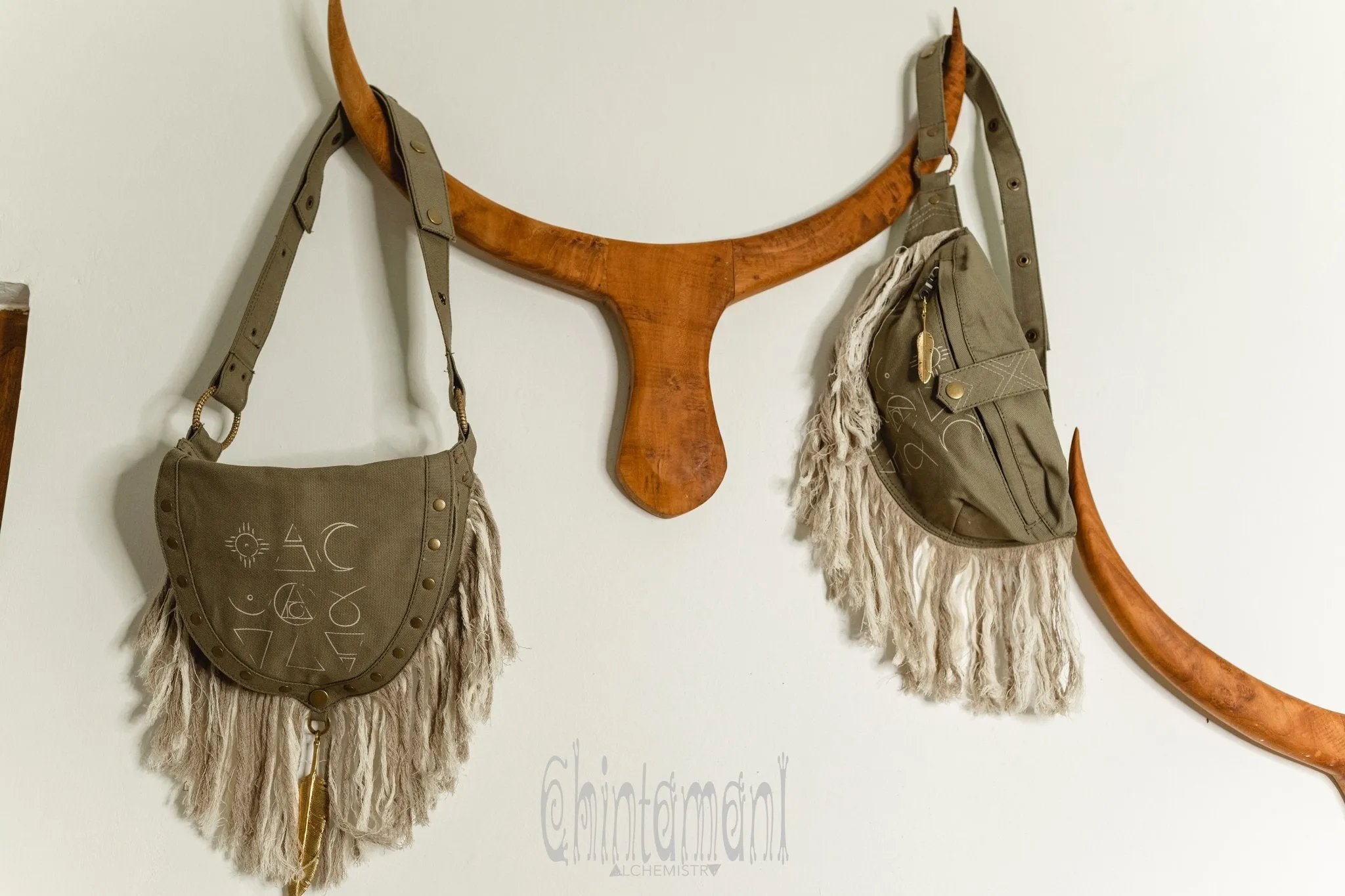 Fringe Cotton Canvas Banana Fanny Pack / Waist Bum Bag / Army Green