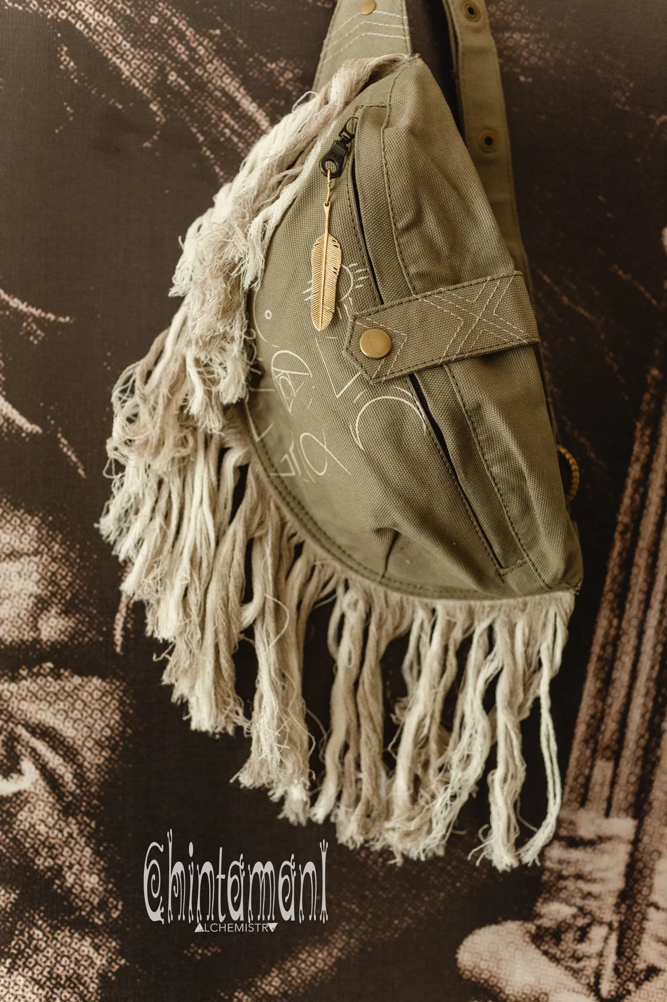 Fringe Cotton Canvas Banana Fanny Pack / Waist Bum Bag / Army Green