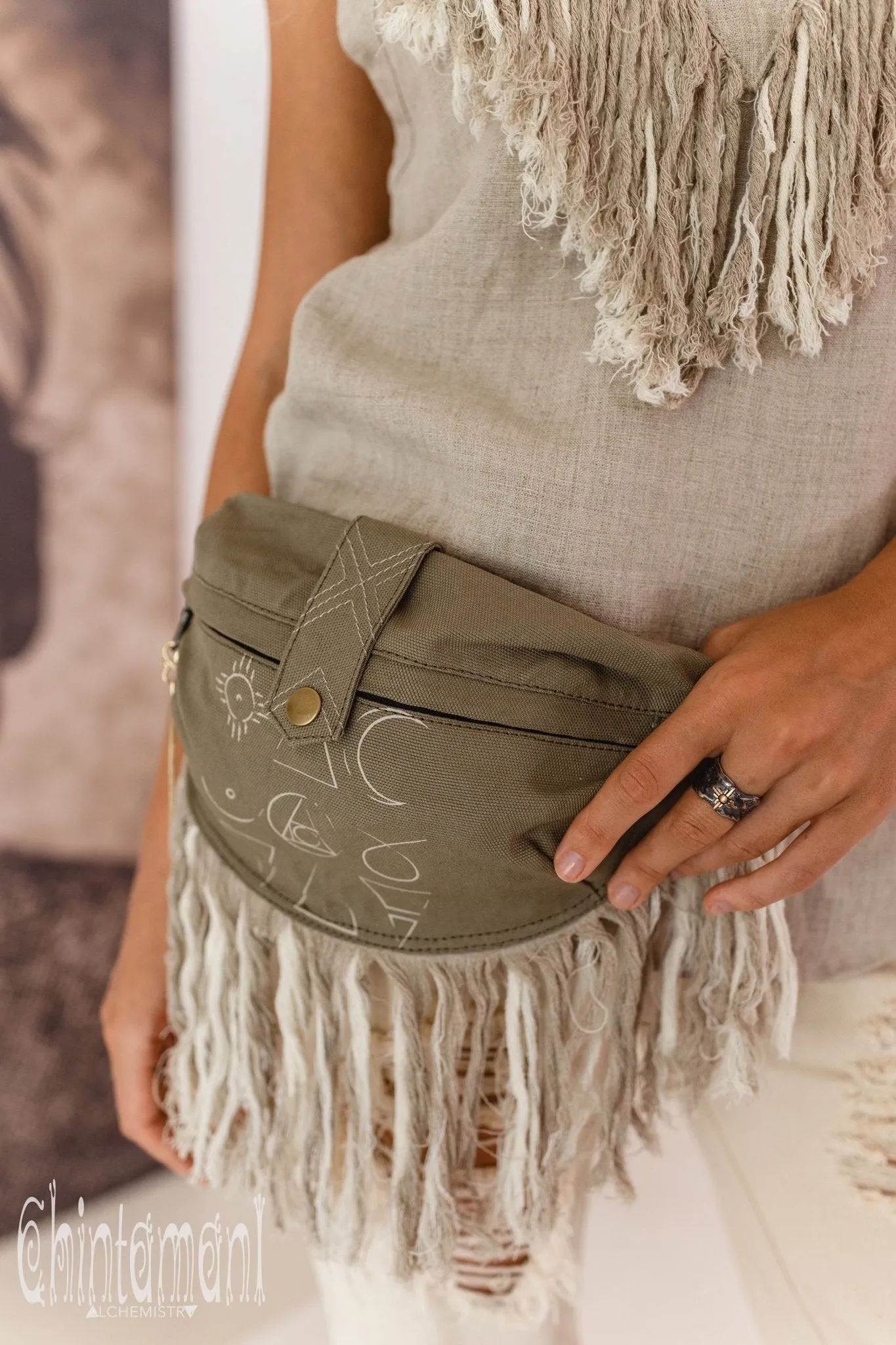 Fringe Cotton Canvas Banana Fanny Pack / Waist Bum Bag / Army Green