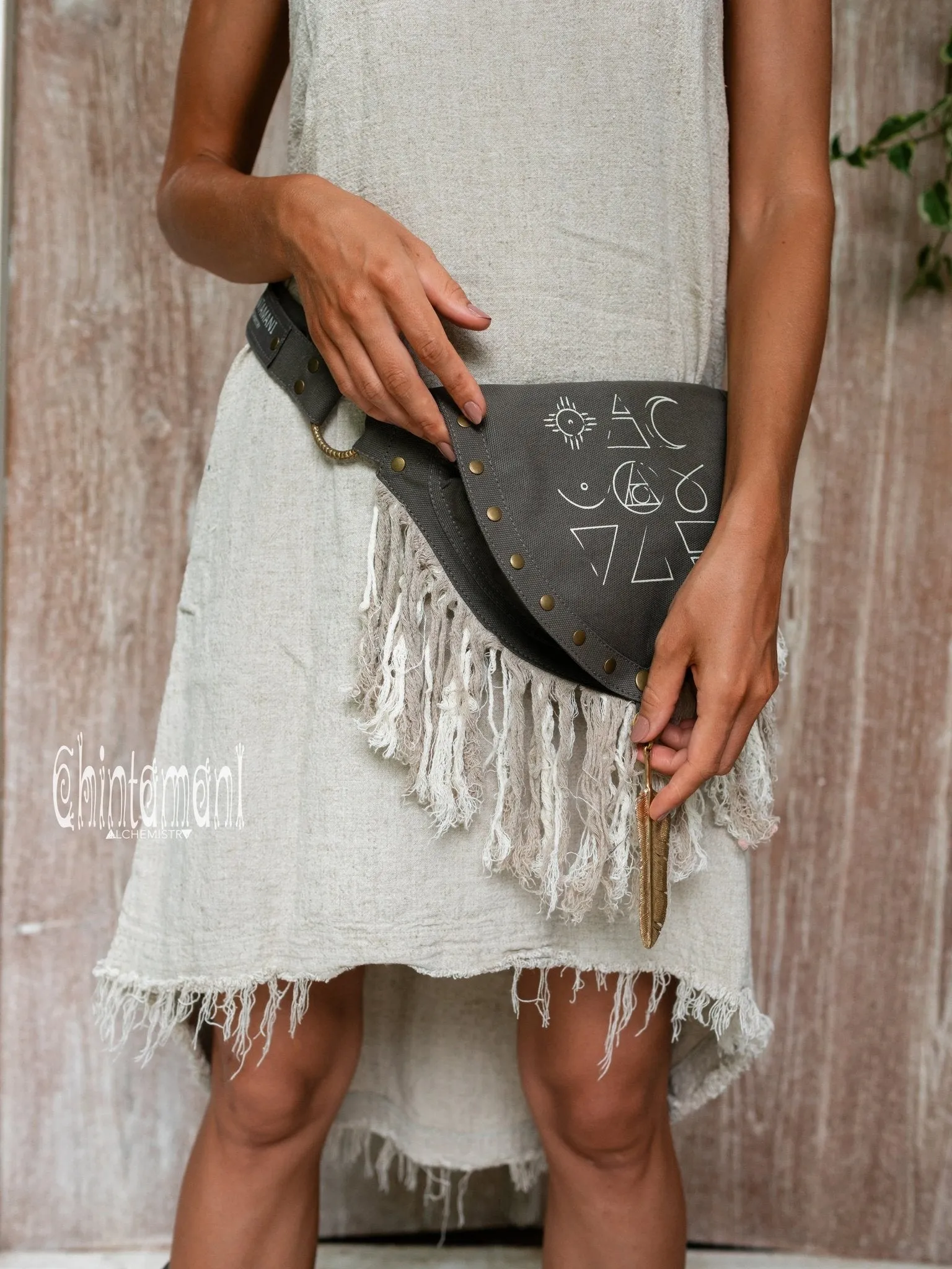 Fringe Cotton Canvas Vegan Waist Bag / Pocket Belt / Dark Gray