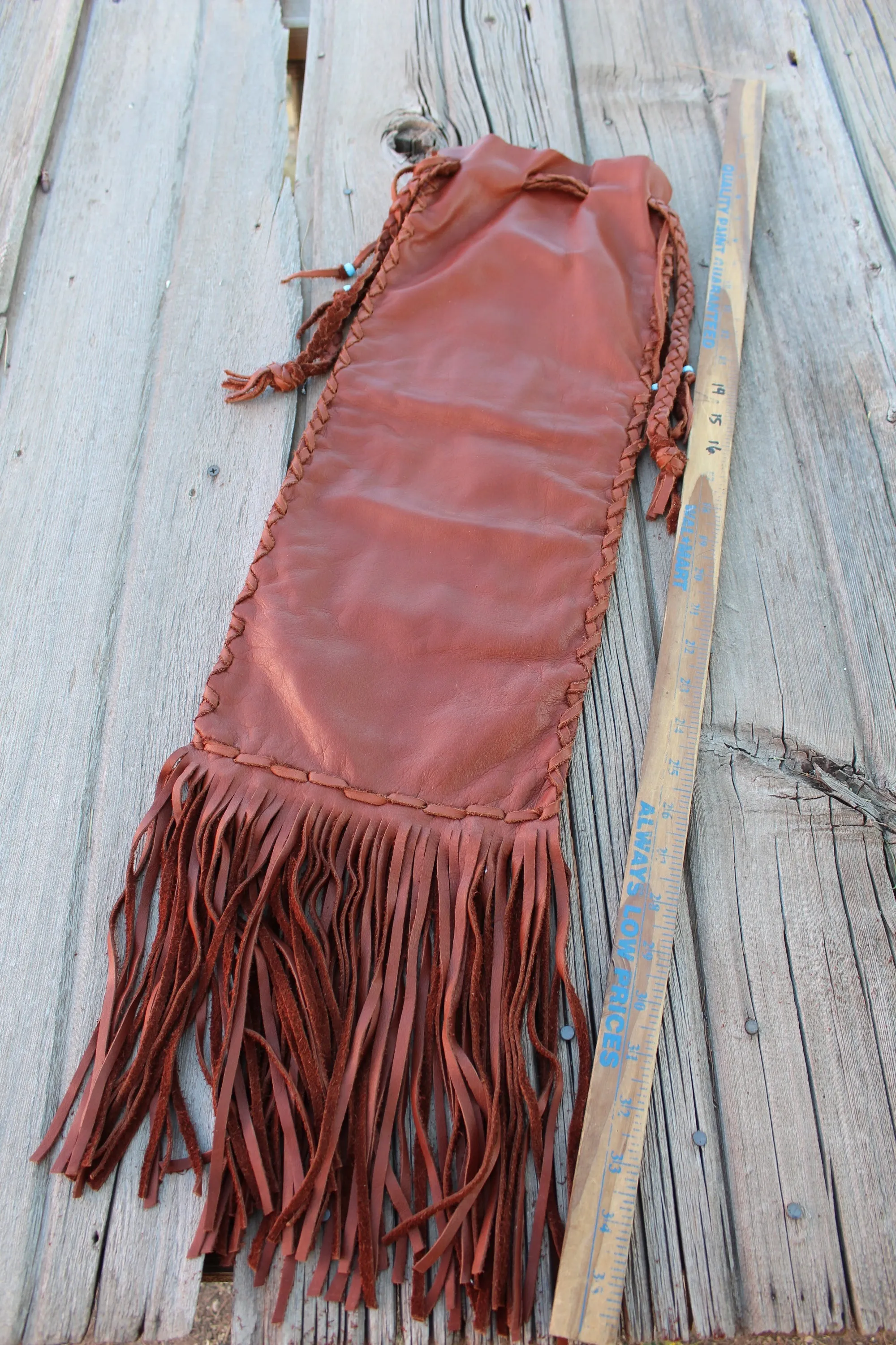 Fringed pipe bag, leather chanupa bag