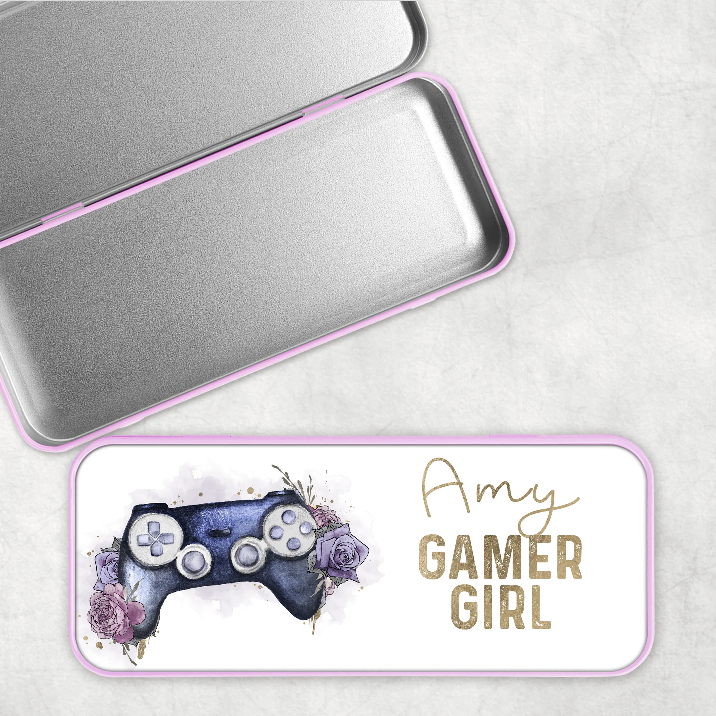 Gamer Girl Floral Personalised School Pencil Tin