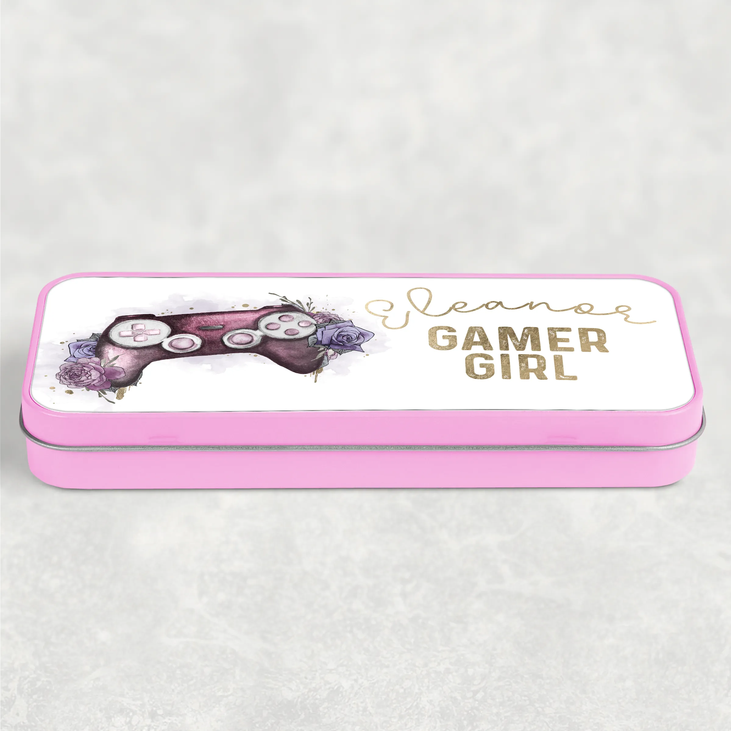 Gamer Girl Floral Personalised School Pencil Tin