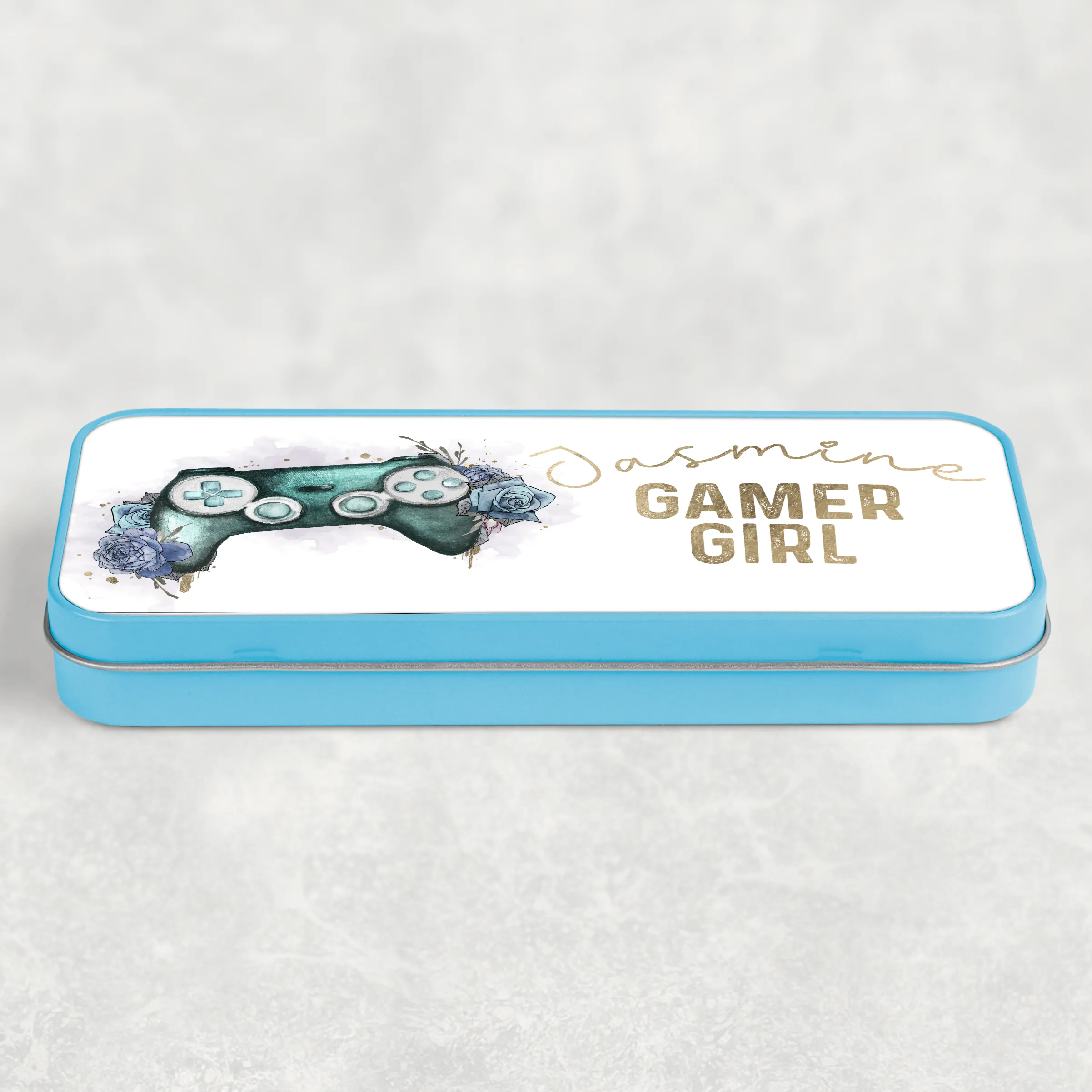 Gamer Girl Floral Personalised School Pencil Tin