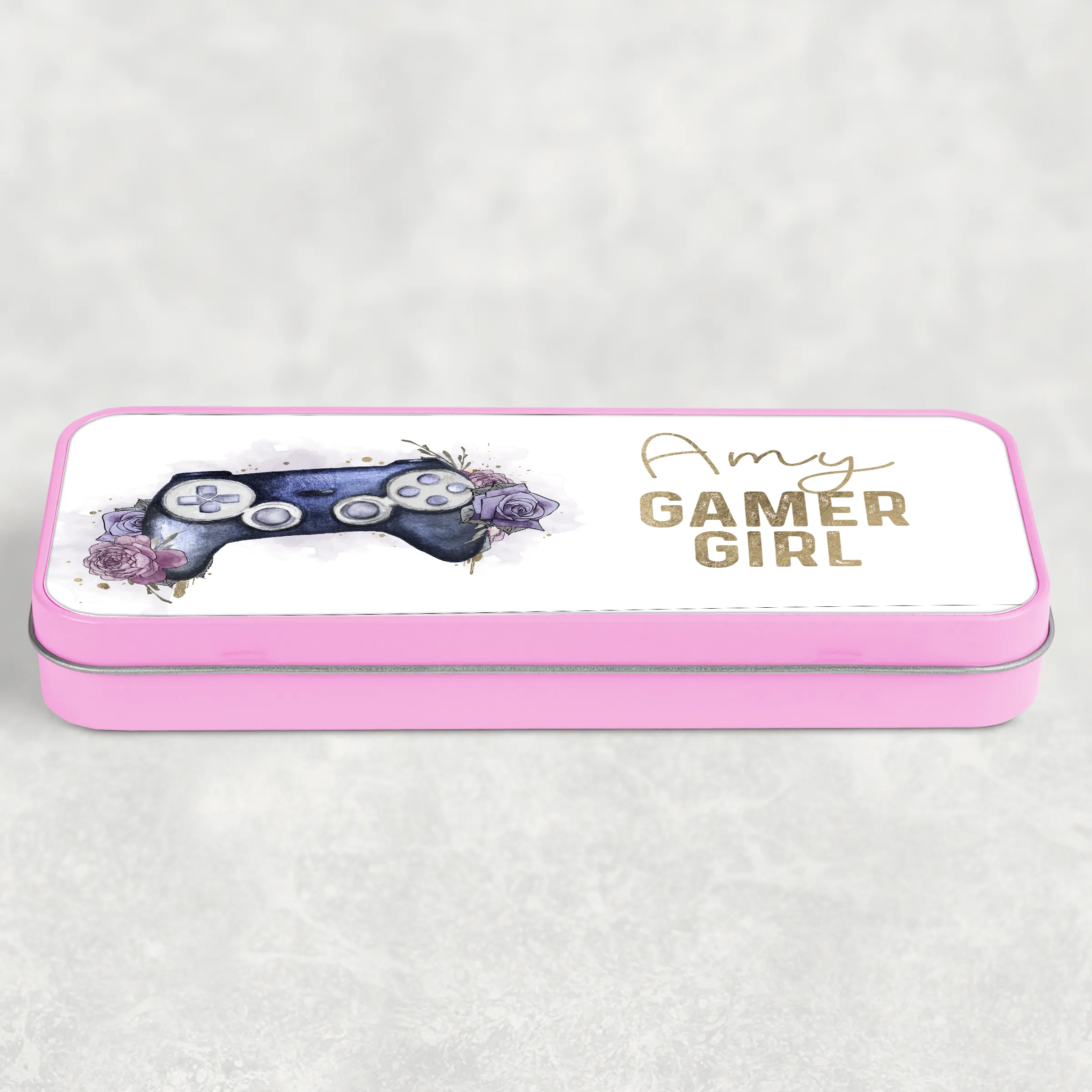 Gamer Girl Floral Personalised School Pencil Tin