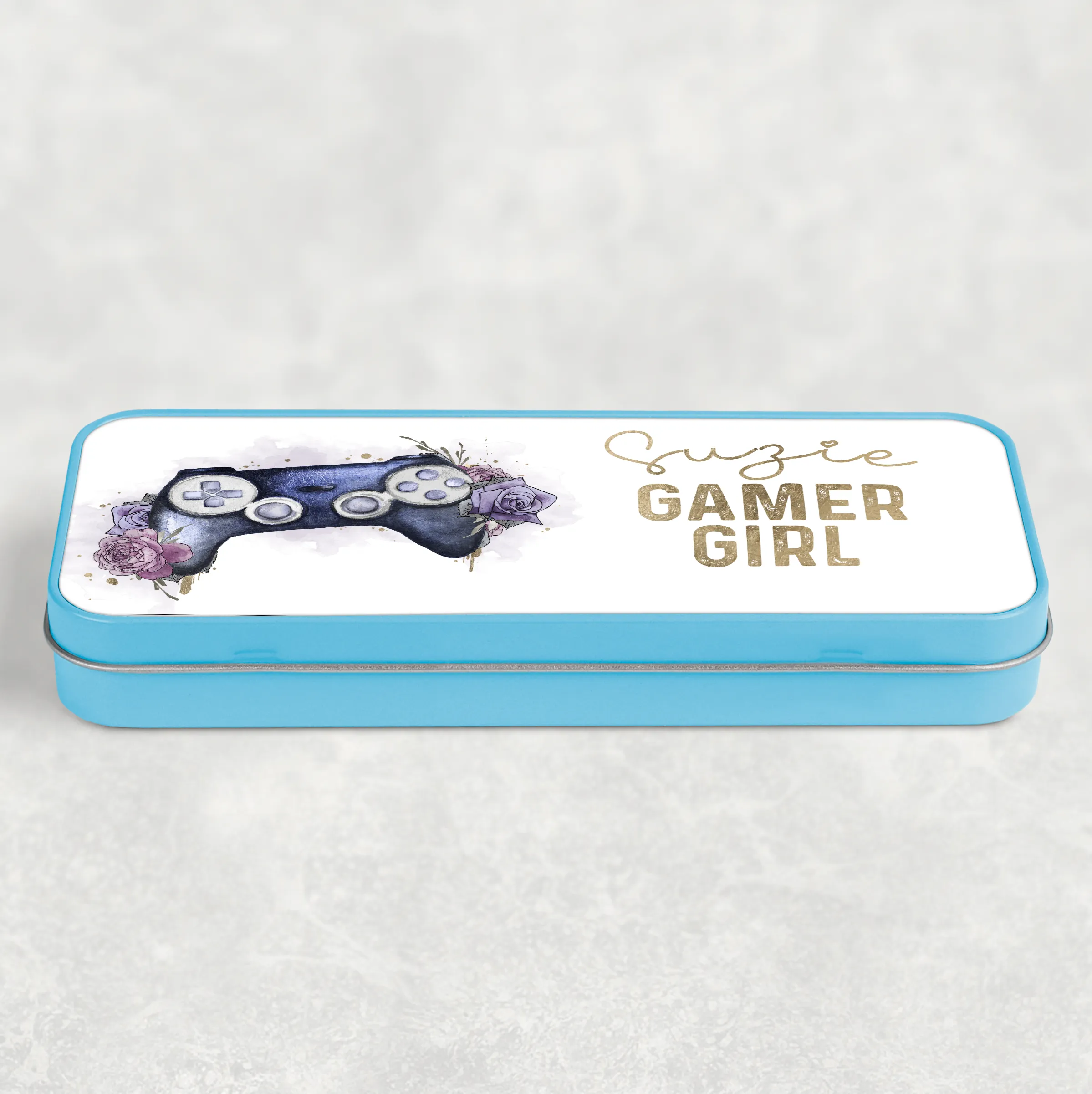 Gamer Girl Floral Personalised School Pencil Tin