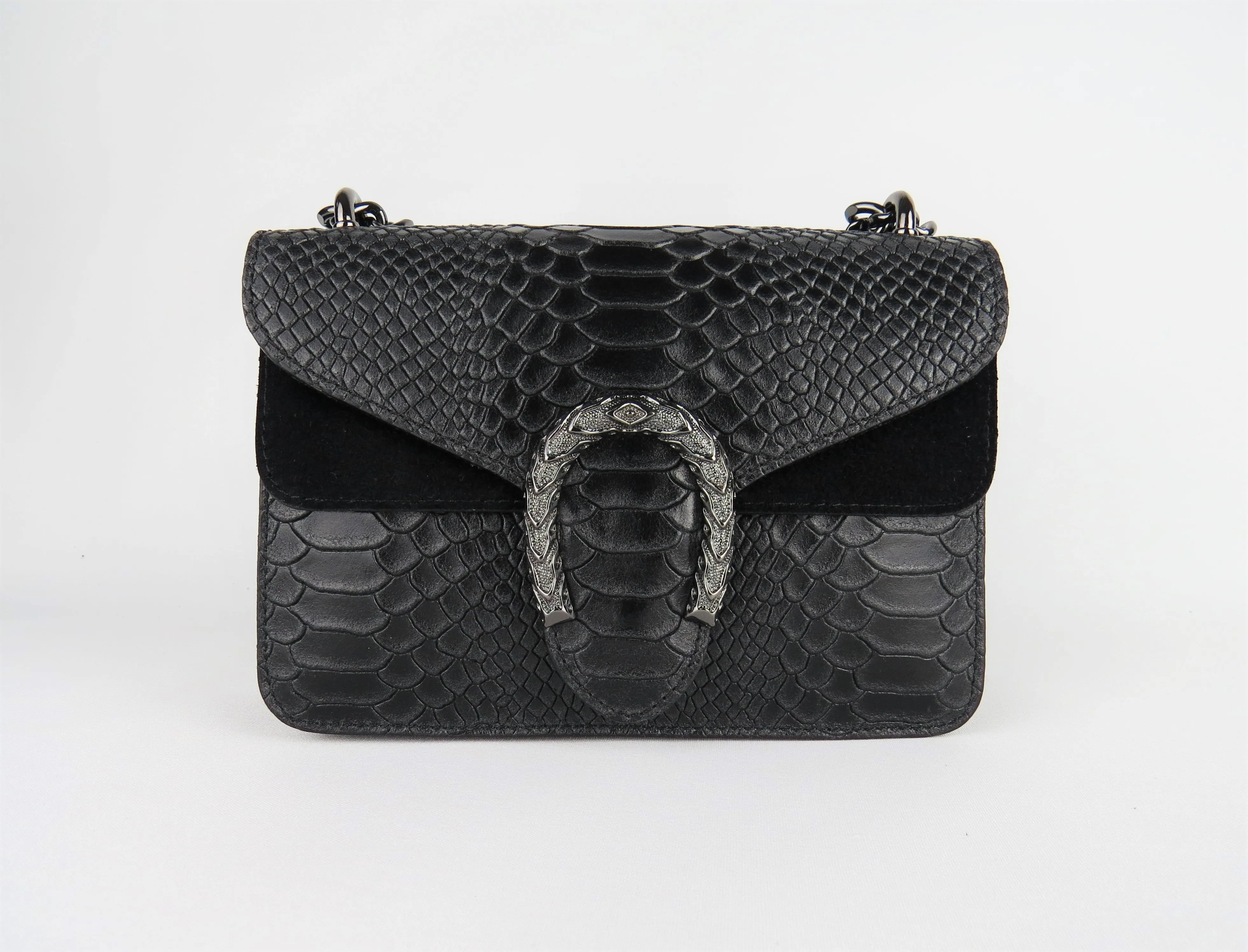 Genuine Leather Snake Effect Black Handbag Christmas Present For Her