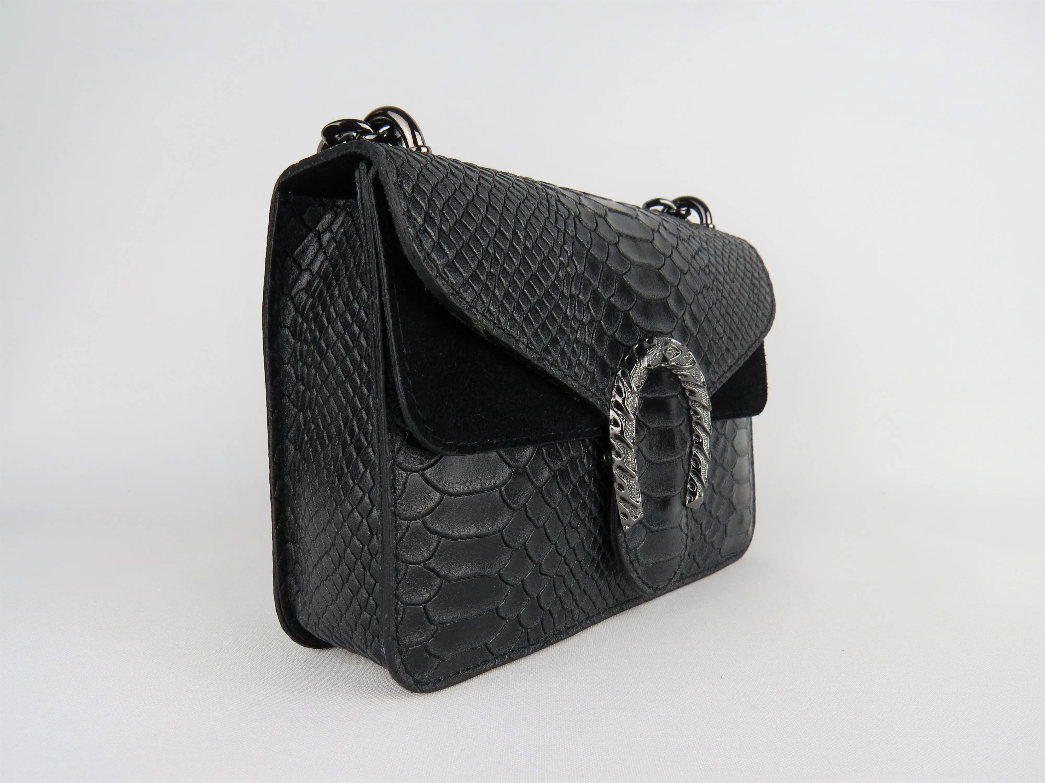 Genuine Leather Snake Effect Black Handbag Christmas Present For Her