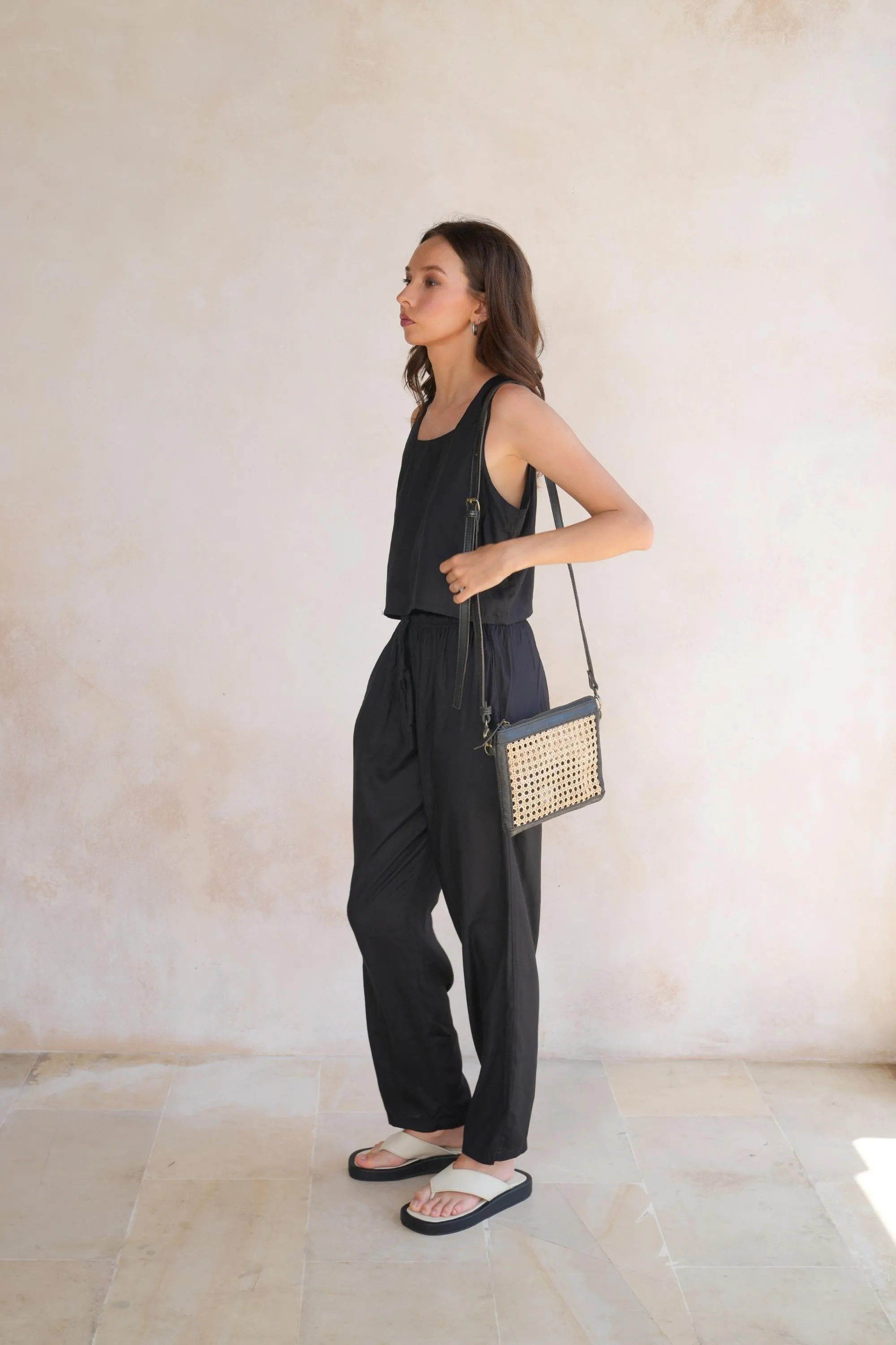 Gia Rattan and Leather Crossbody - Black