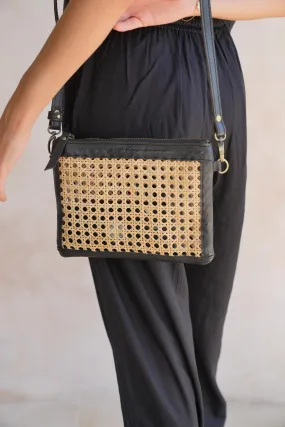 Gia Rattan and Leather Crossbody - Black