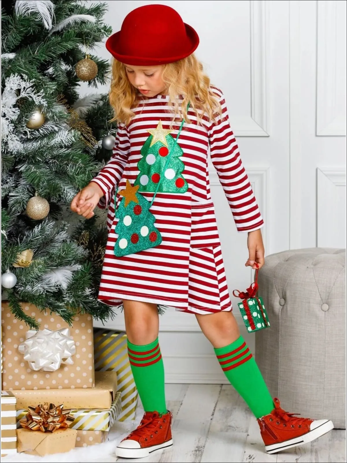 Girls Christmas Tree Striped Pocket Dress, Purse and Socks Set