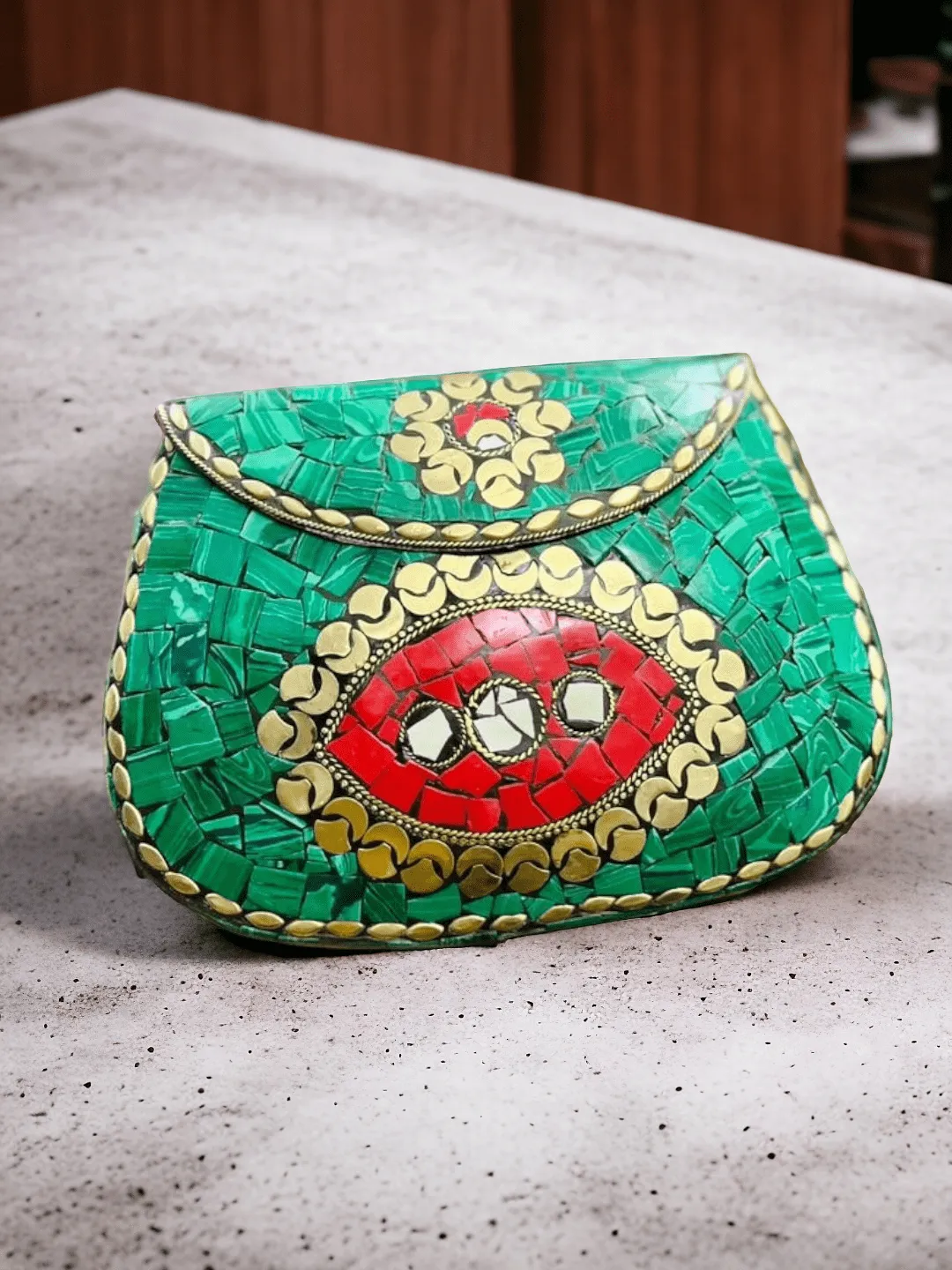 Green Mosaic Stone Metal Clutch