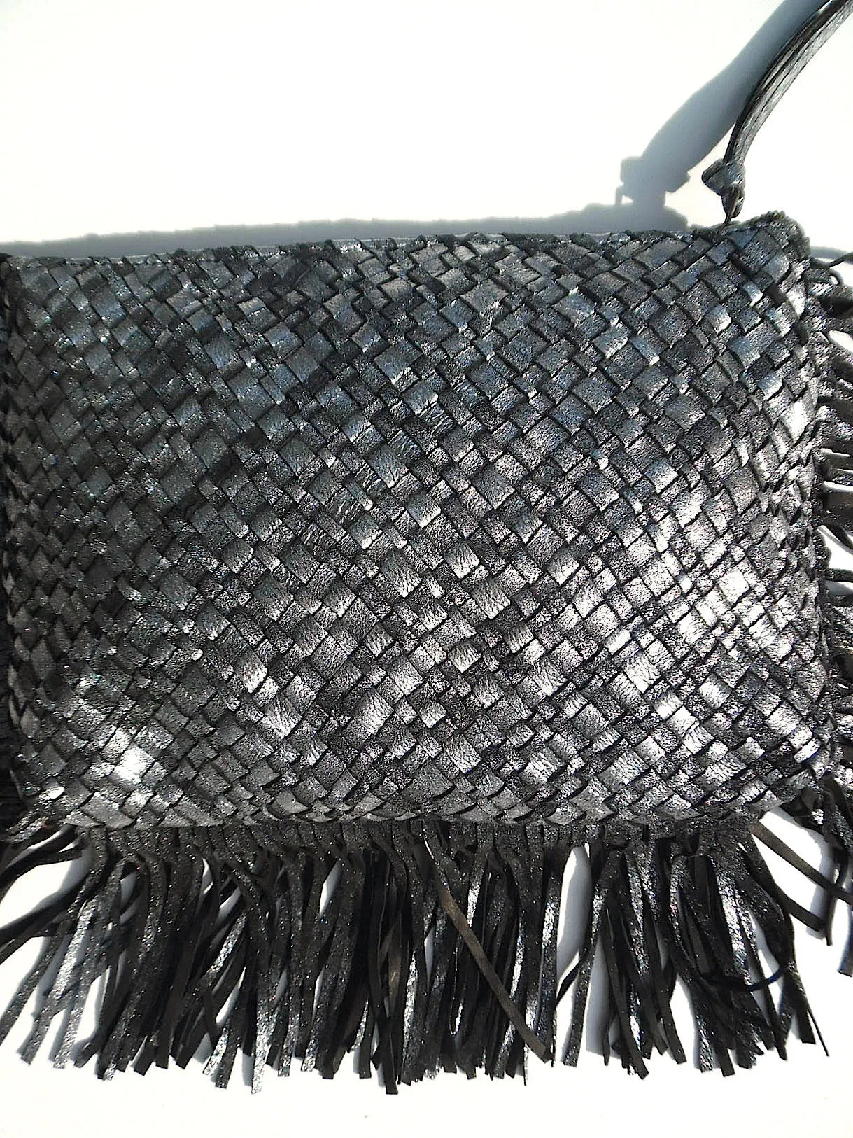 Hand Woven Leather Clutch With Fringe And Tassel Metallic