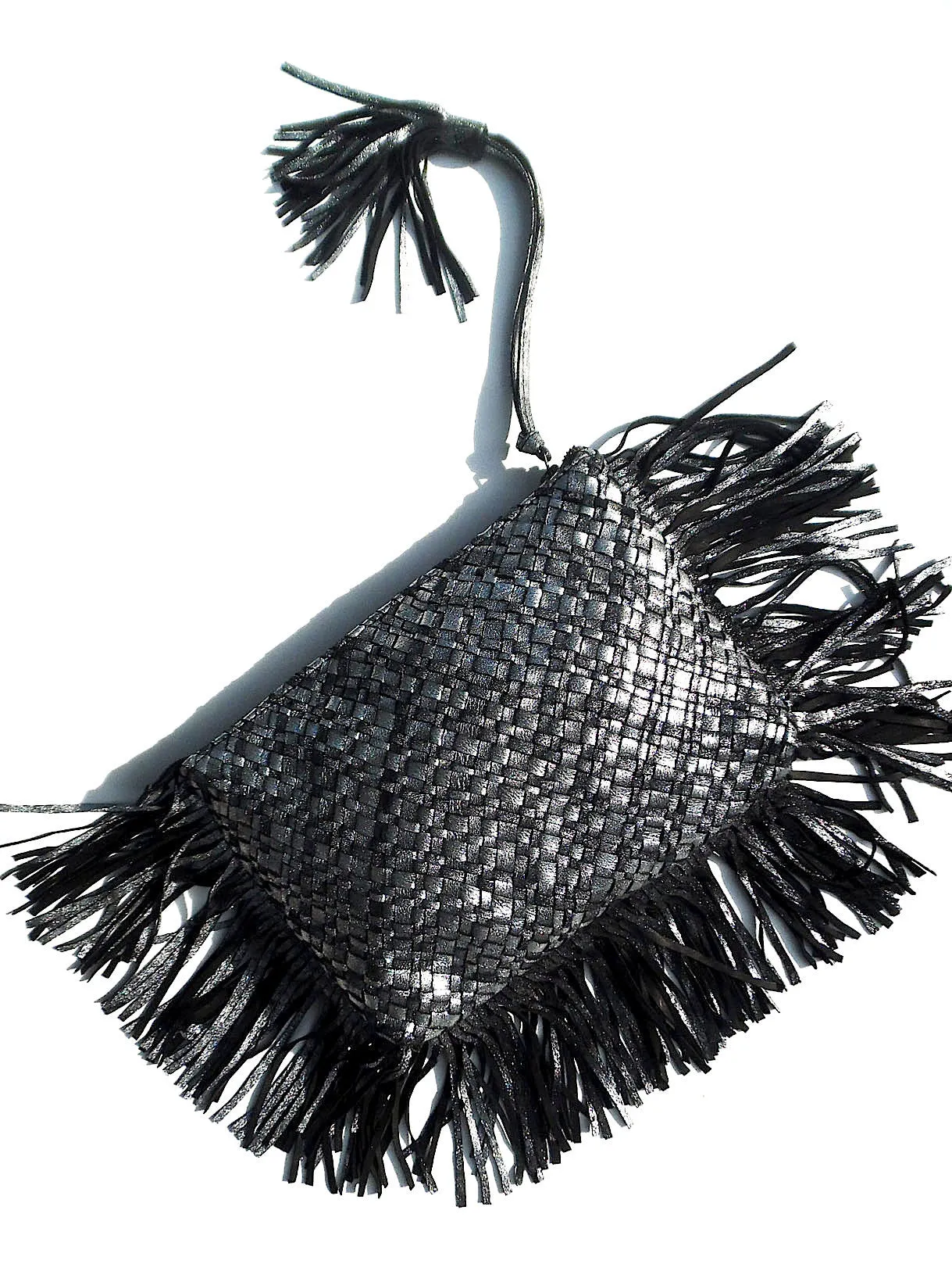 Hand Woven Leather Clutch With Fringe And Tassel Metallic