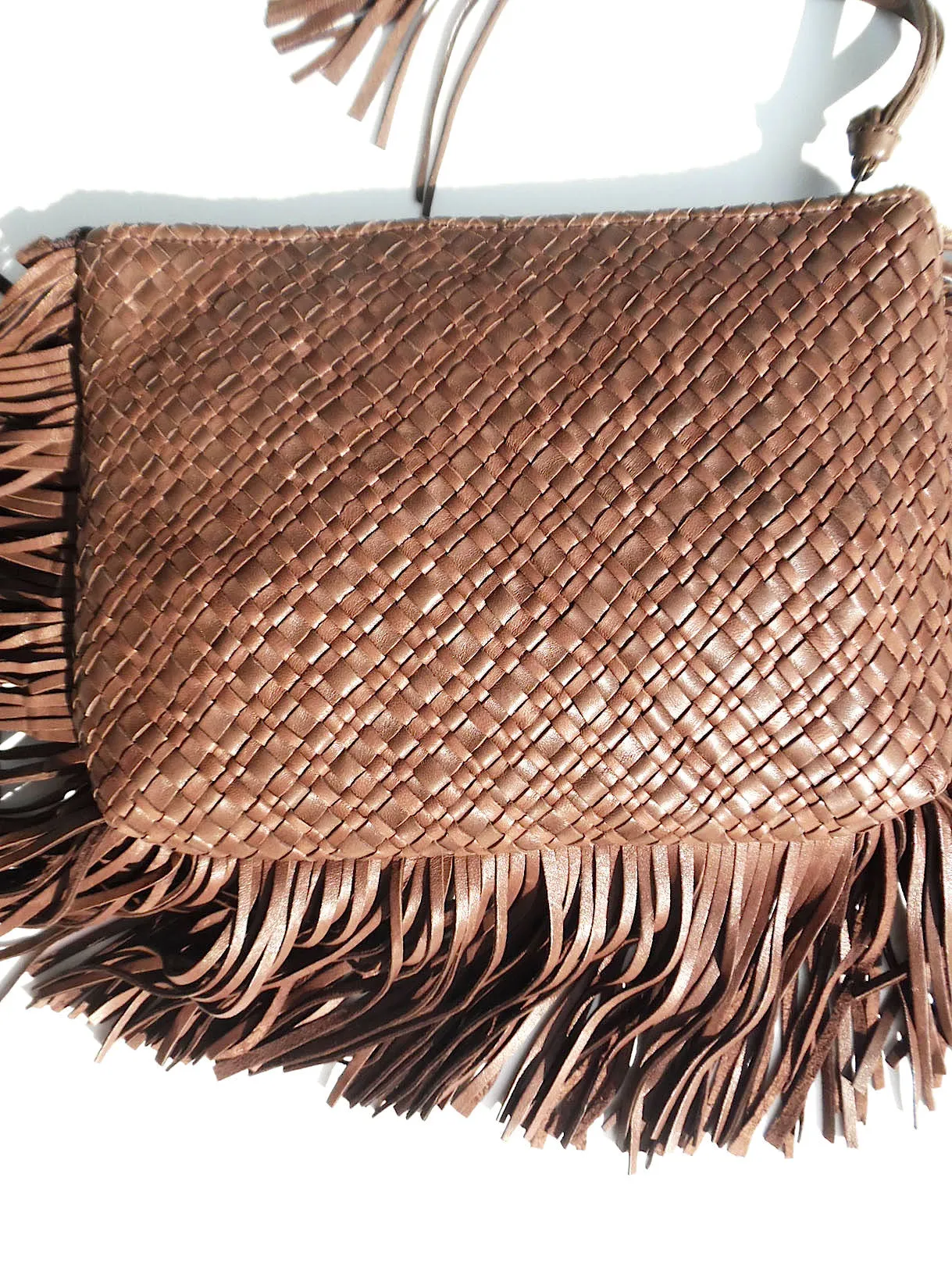 Hand Woven Leather Clutch With Fringe And Tassel Metallic