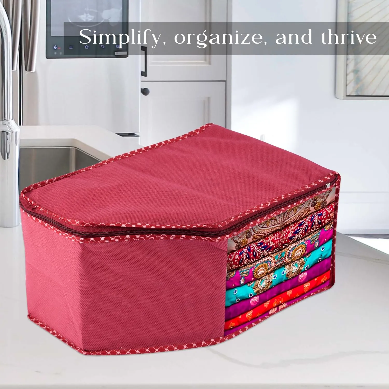 Heart Home Blouse Cover | Clothes Storage Bag | Zipper Wardrobe Organizers | Non-Woven Clothes Organiser | Side Transparent Blouse Organizer | Dot Border | Pack of 12 | Maroon