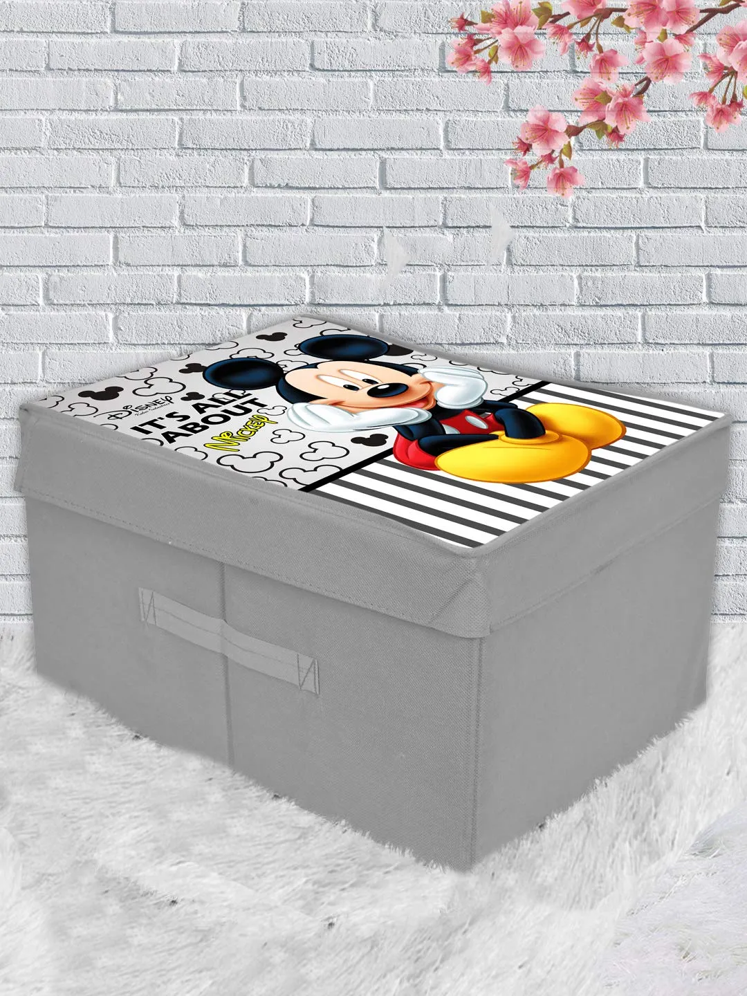 Heart Home Disney Mickey Print Non Woven 2 Pieces Fabric Foldable Saree,Shirt Cover Storage Organizer Box with With Lid, Extra Large (Grey)-HHEART16314