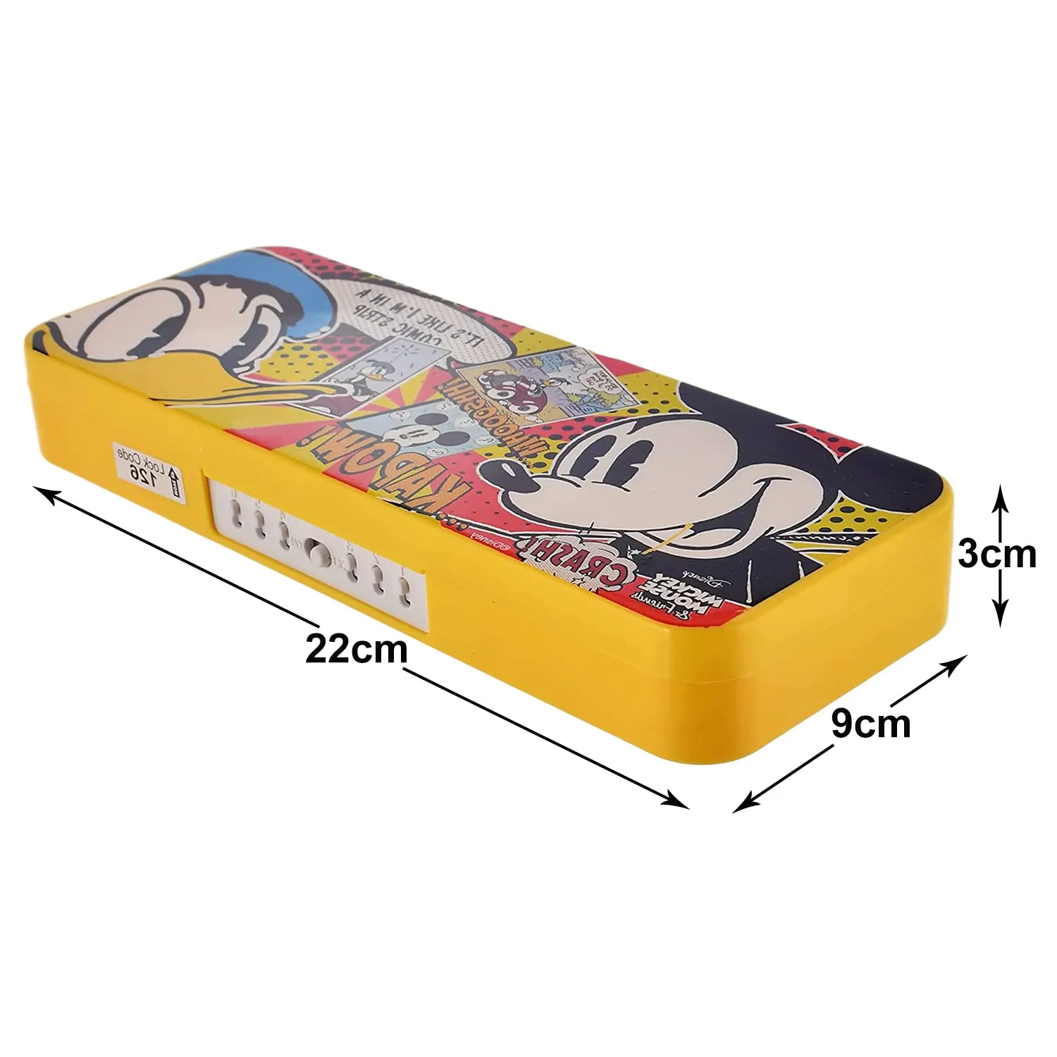 Heart Home Mickey Mouse & Friends Printed Durable Plastic Pencil Box, Pencil Case for School Kids with Number Lock System & Accessories (Yellow)-50HH01274