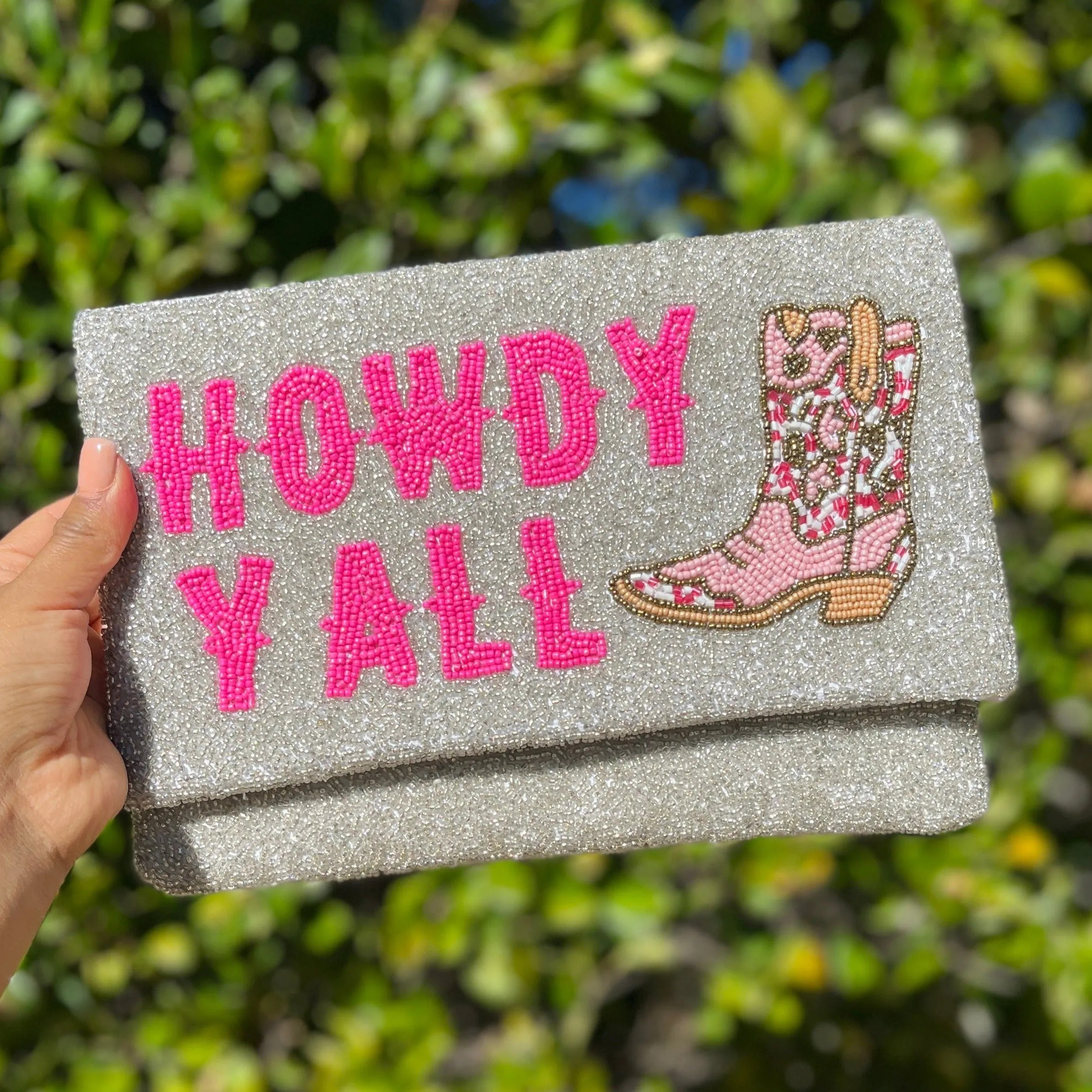 Howdy Beaded Clutch Purse (Silver)