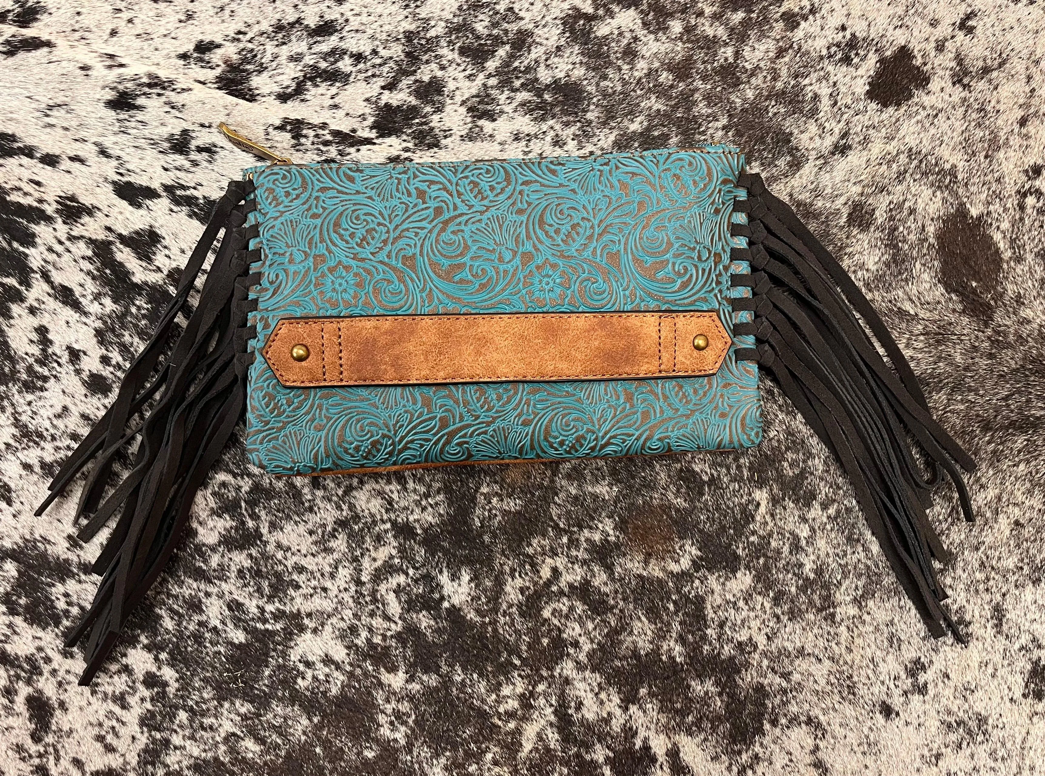 Justin Turquoise Tooled Clutch Wallet Crossbody Purse with Fringe 22090843TUR