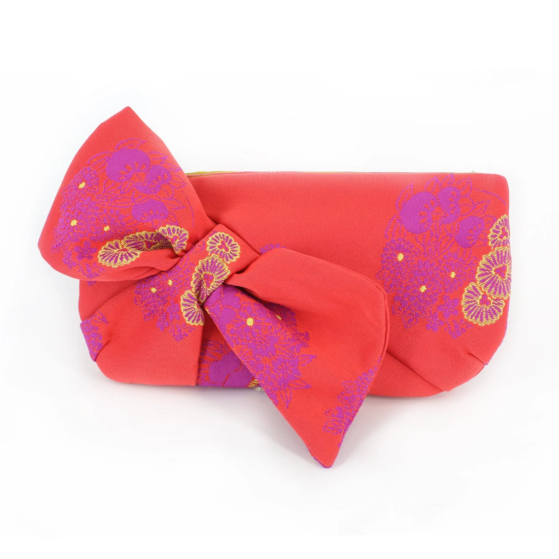 Kimono Obi Bow Clutch | Floral on Red | Upcycled from vintage Japanese Yukata Obi