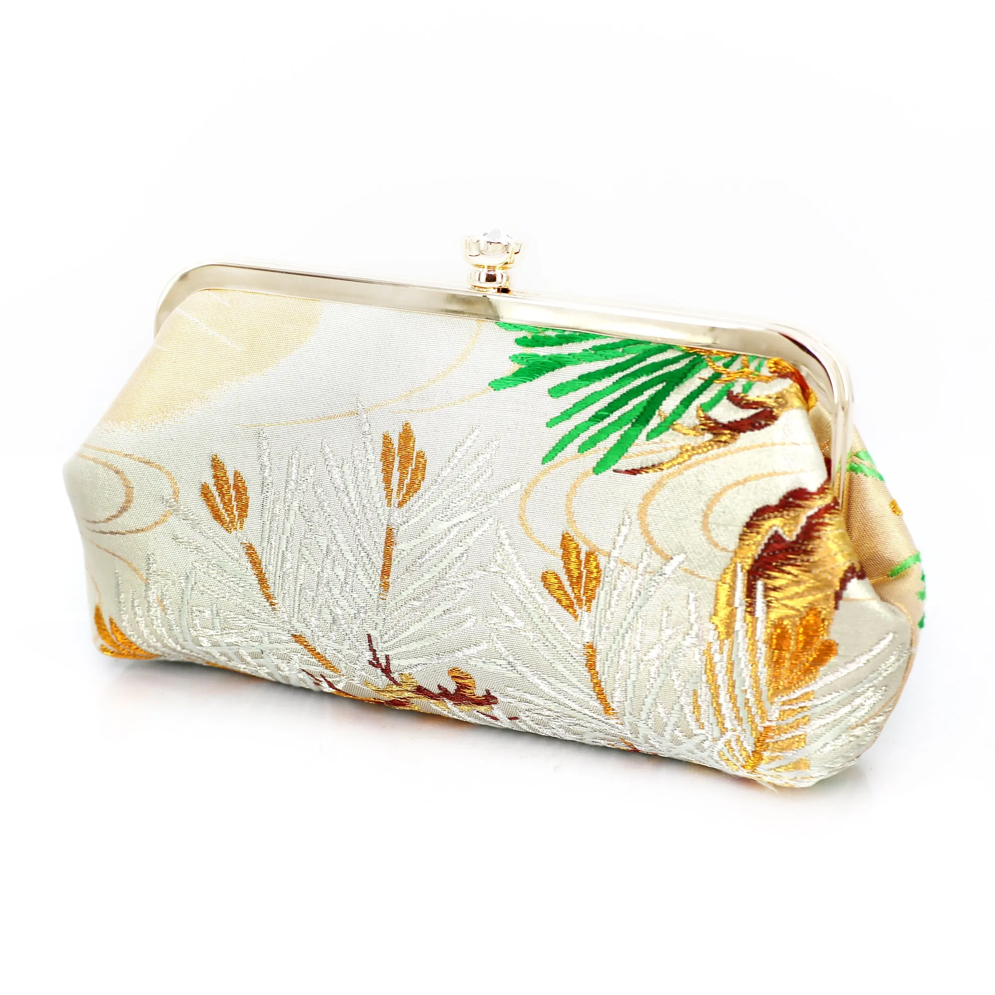 Kimono Pine Tree Clutch Purse in Green Gold Silver | Upcycled from vintage Japanese Obi