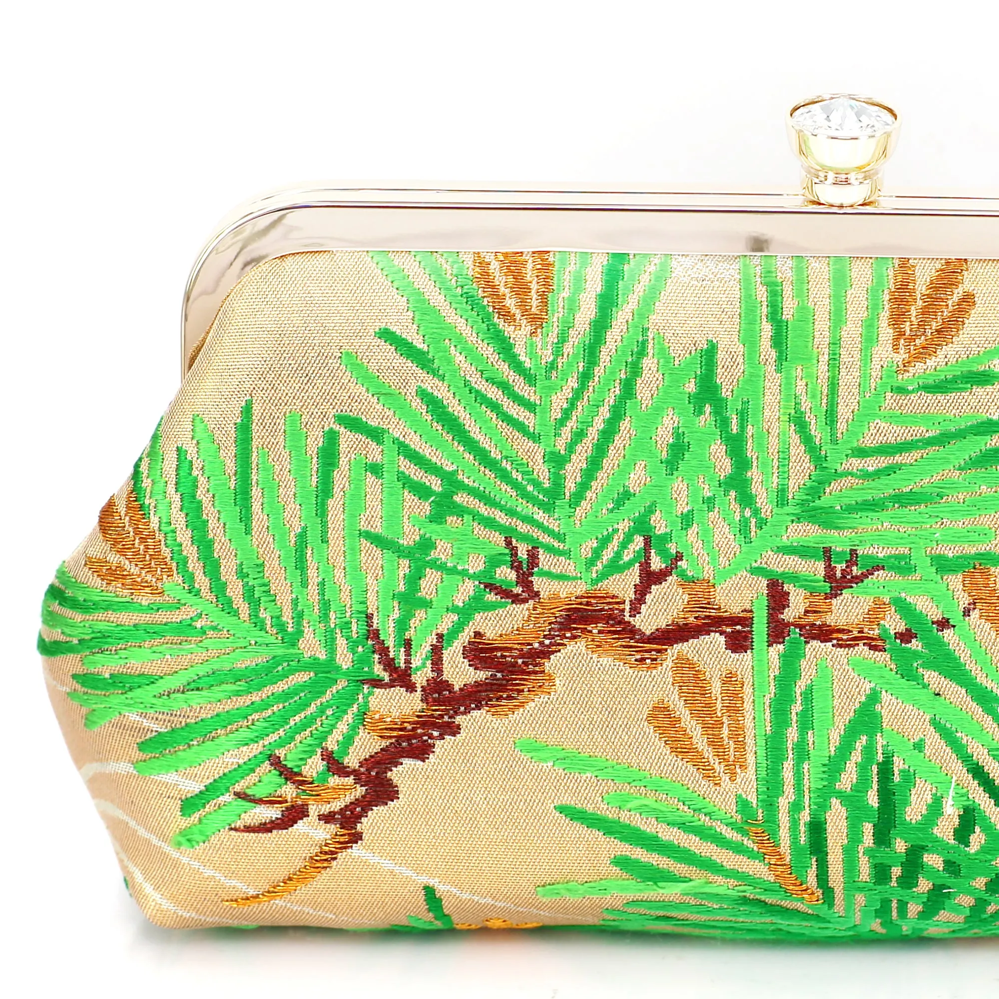 Kimono Pine Tree Clutch Purse in Green Gold Silver | Upcycled from vintage Japanese Obi