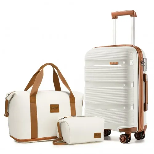 Kono 20/24/28'' Hard Shell PP Suitcase Set & EA2212 Travel Bag Set - Cream | Durable & Stylish Luggage