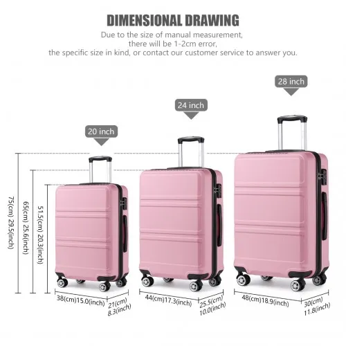 Kono ABS 3 Piece Sculpted Horizontal Suitcase Set - Pink | Durable & Stylish Luggage