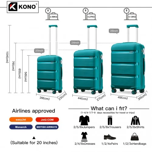 Kono Bright Hard Shell PP Suitcase Set - 3 Pieces - Blue/Green - Classic Collection