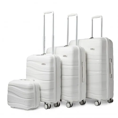 Kono Lightweight Polypropylene Hard Shell 4 Piece Suitcase Set with TSA Lock and Vanity Case - Cream White