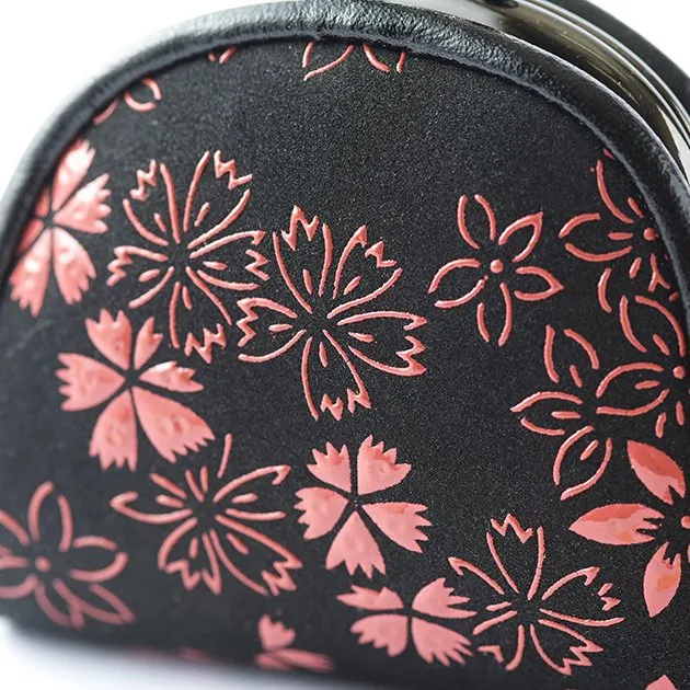 Koshu Inden Japanese Deerskin Leather with Urushi (Japanese Lacquer) Clasp Coin Purse - Cherry Blossom / Gray-Black - ,  Made in Japan,  Change Purse,  Japanese Gamaguchi Coin Purse